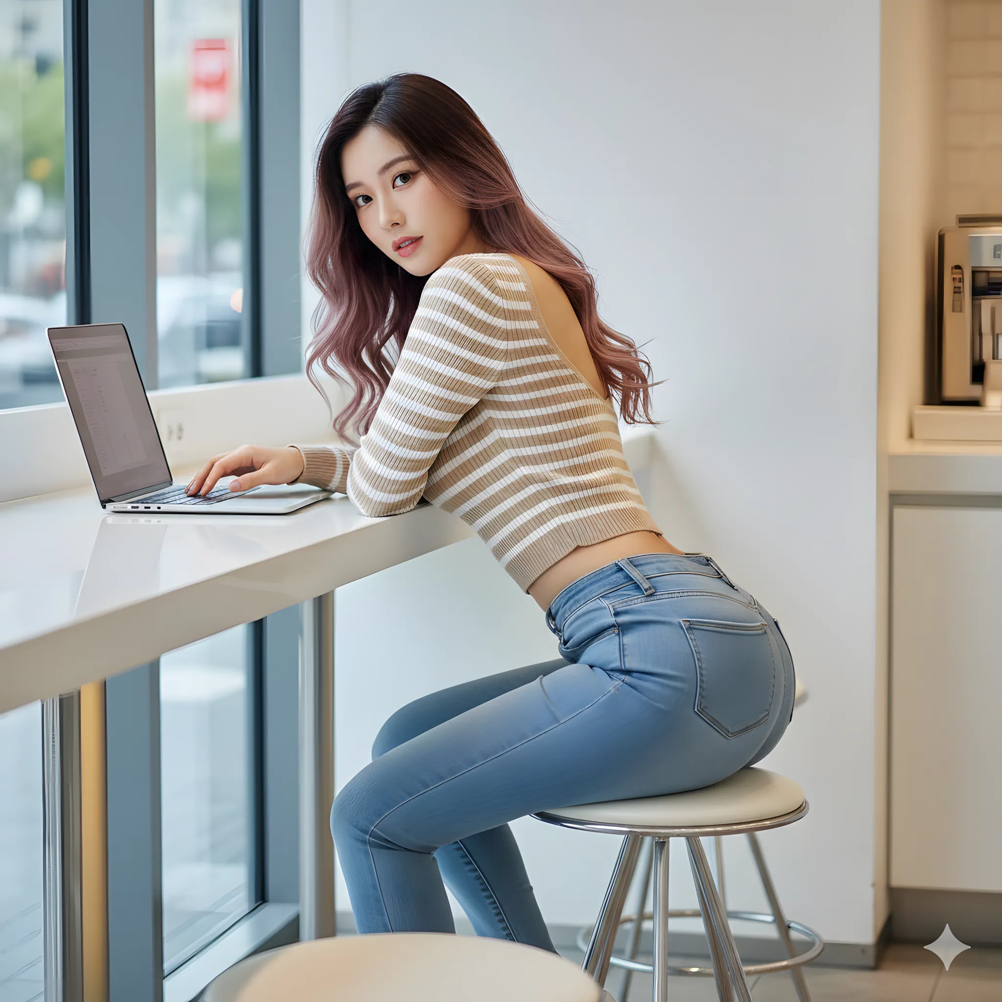 窓辺の光が際立たせるジーンズ美尻