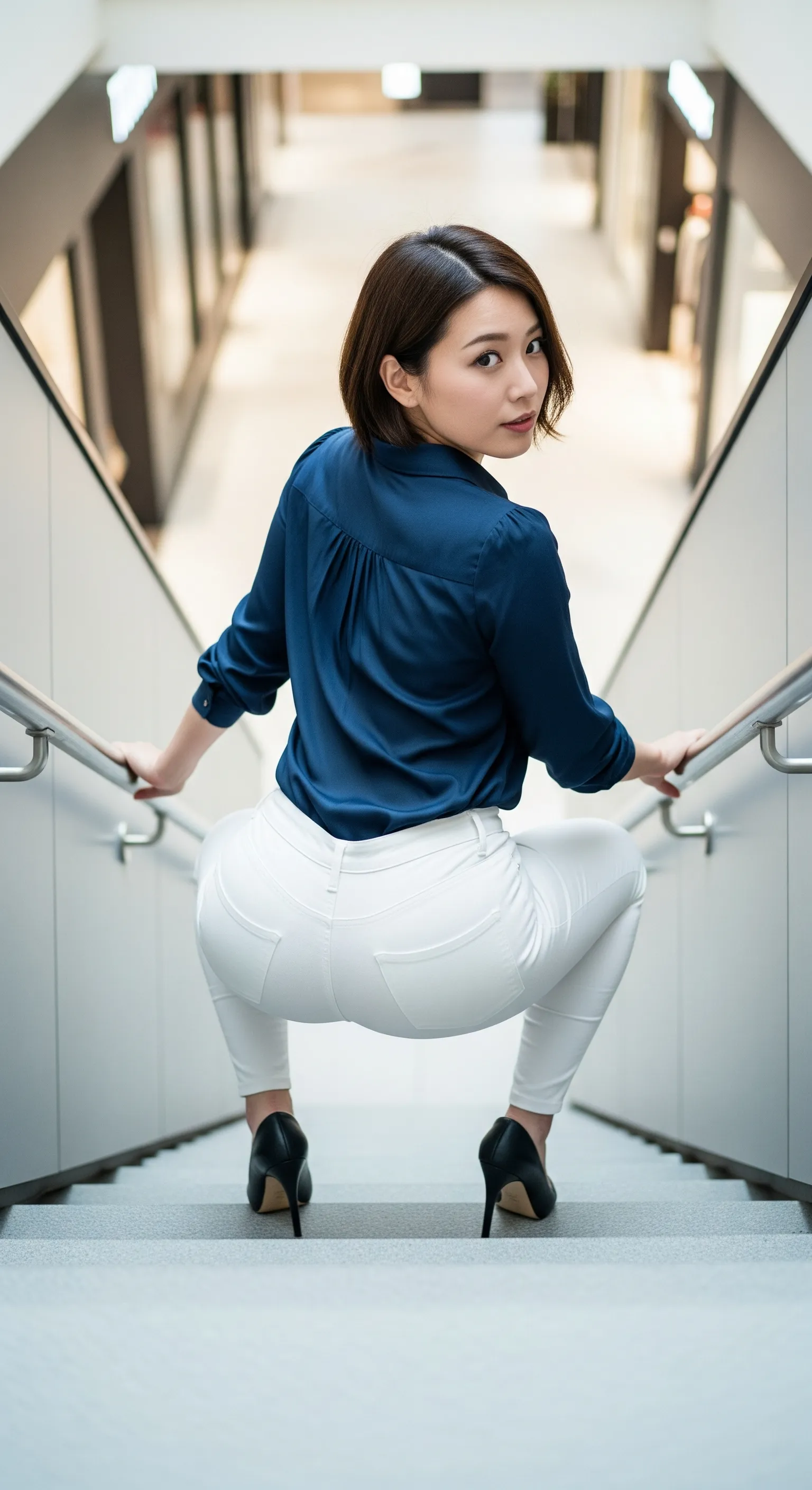 手すりストレッチで体を大きく反らせる美女のフェチ写真 020