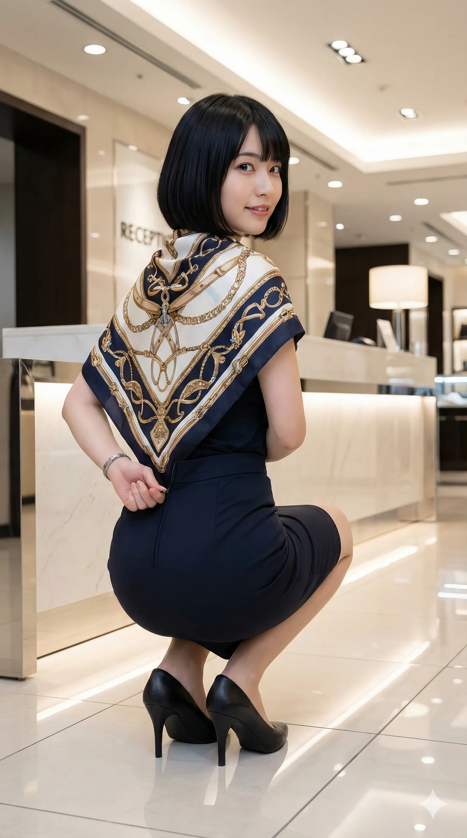 フロアを優雅に歩く、受付嬢の揺れる美尻バックショット