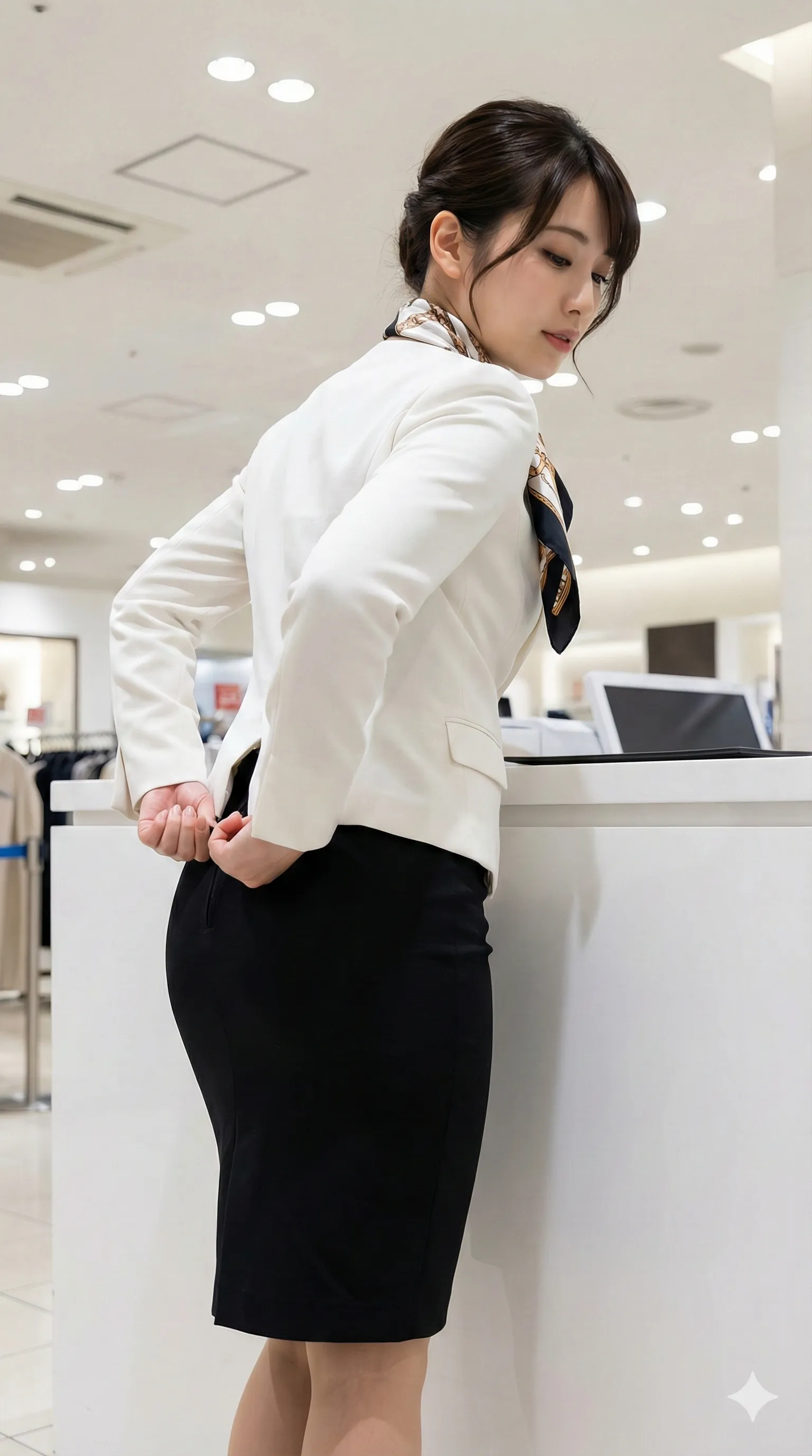 制服のジャケットを脱ぎ、ブラウス姿で見せる背中の艶