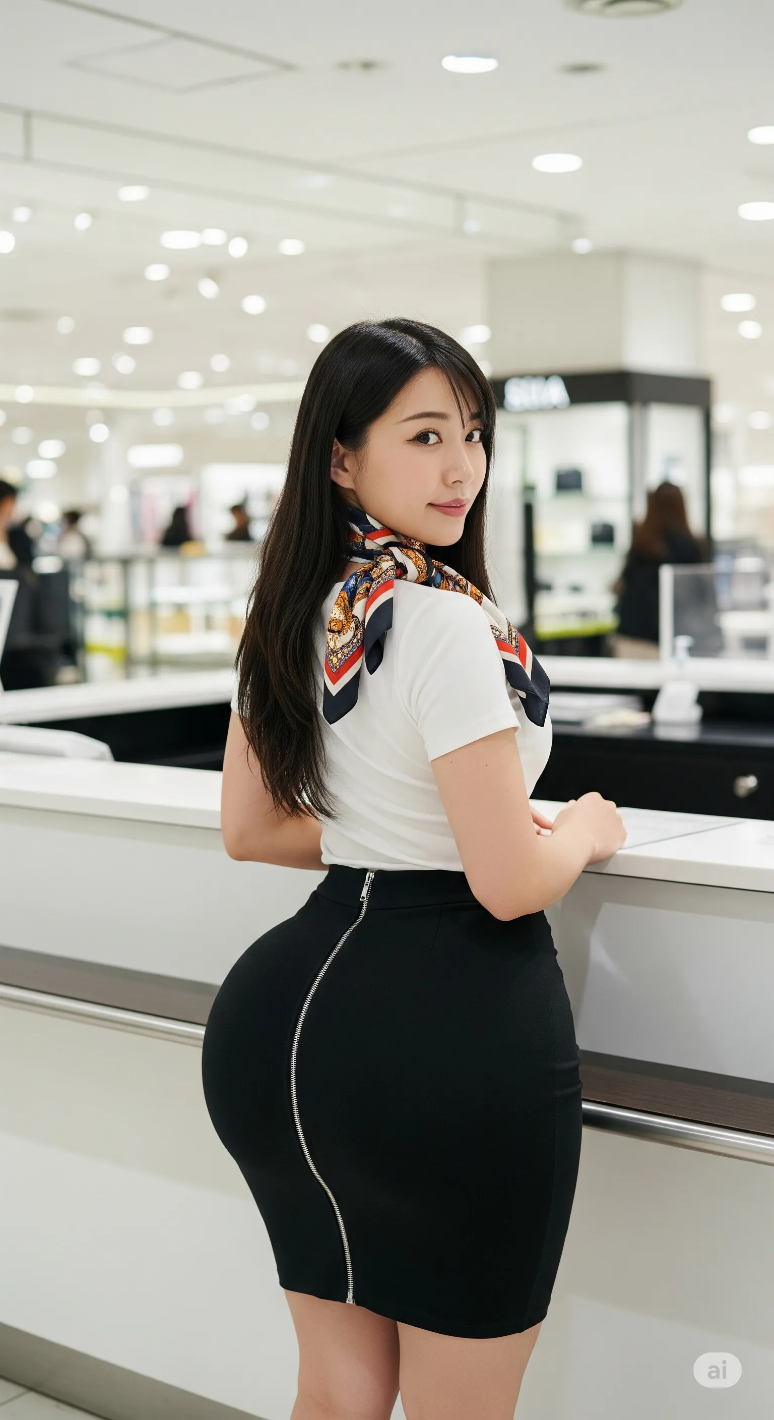 休憩時間にふと見せる、受付嬢のリラックスした後ろ姿