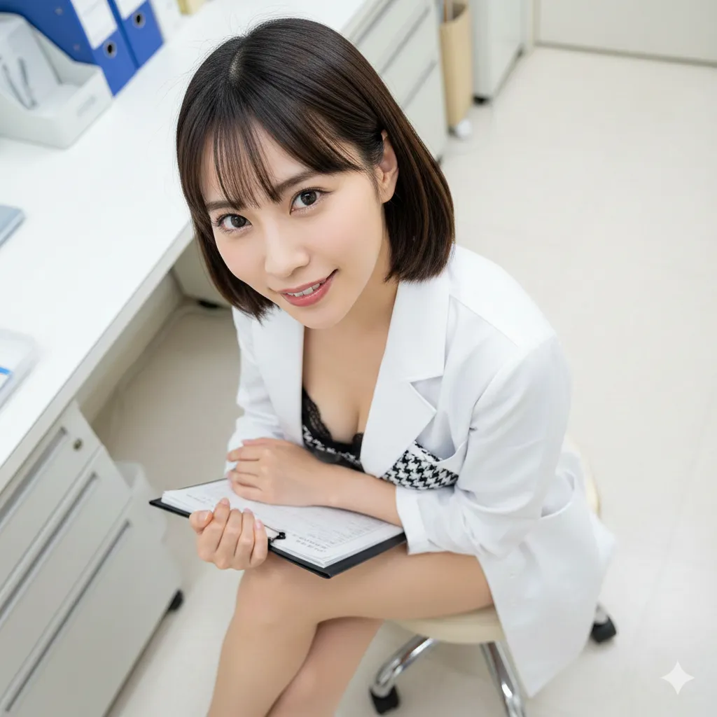 診察室の照明に映える白衣とネグリジェの陰影ショット