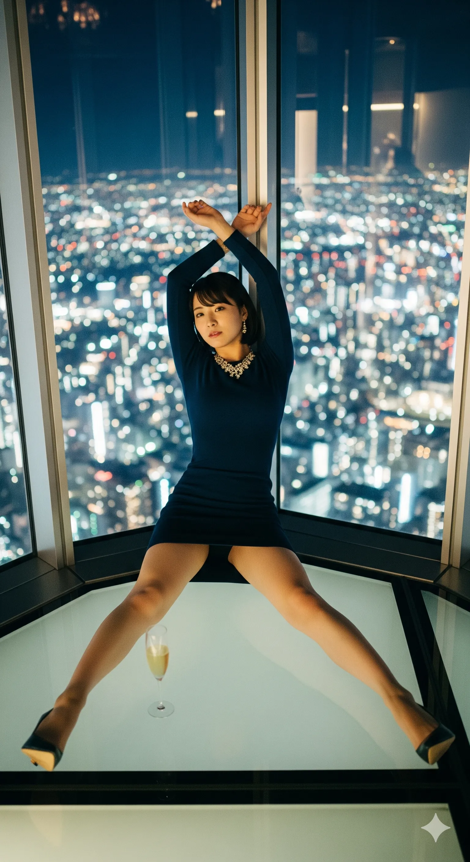 夜景を背にセクシーポーズを決める脇見せドレス女性 004