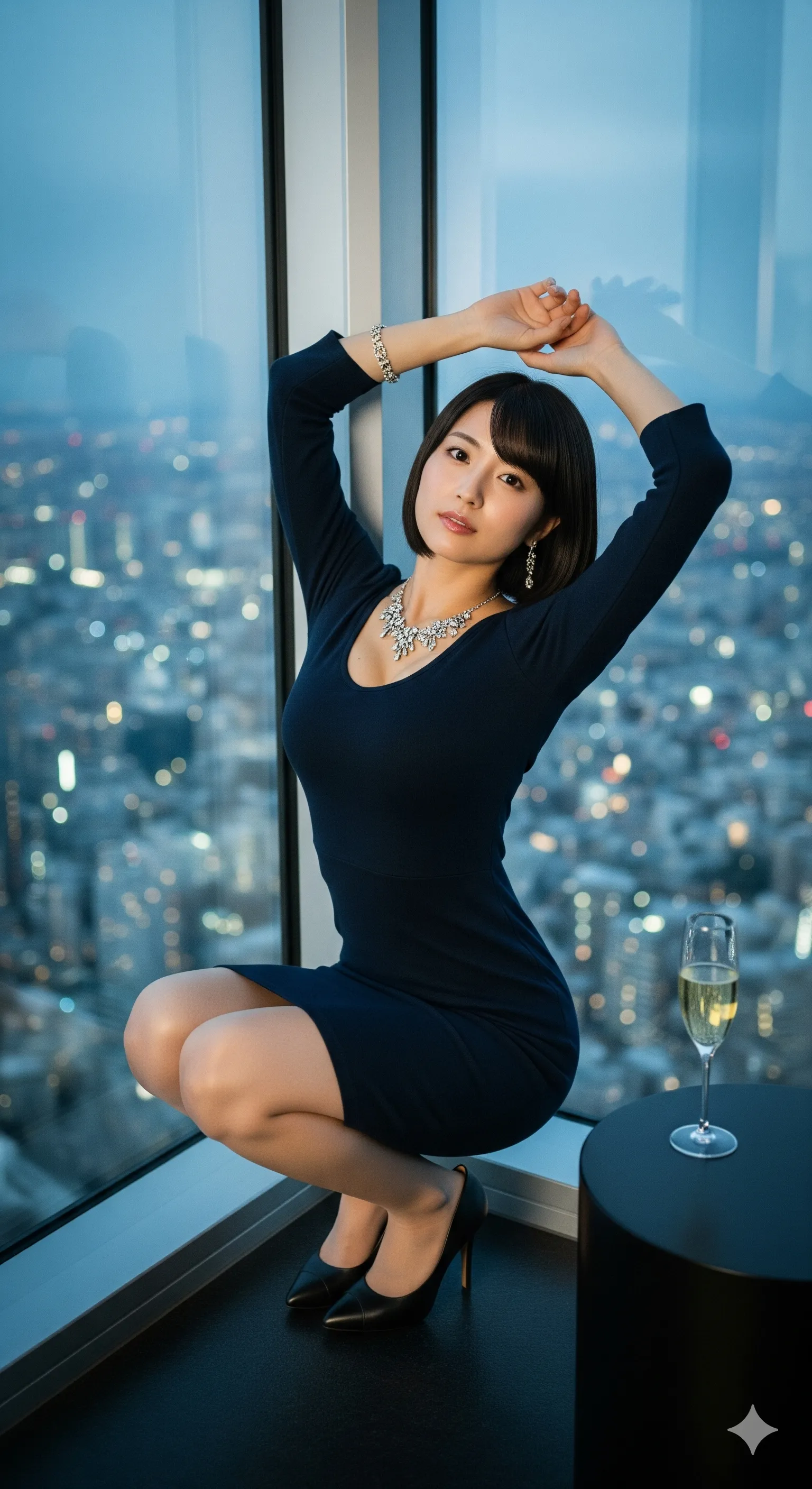 夜景を浴びながらセクシーに振り向くドレス美女の脇見せ構図 008