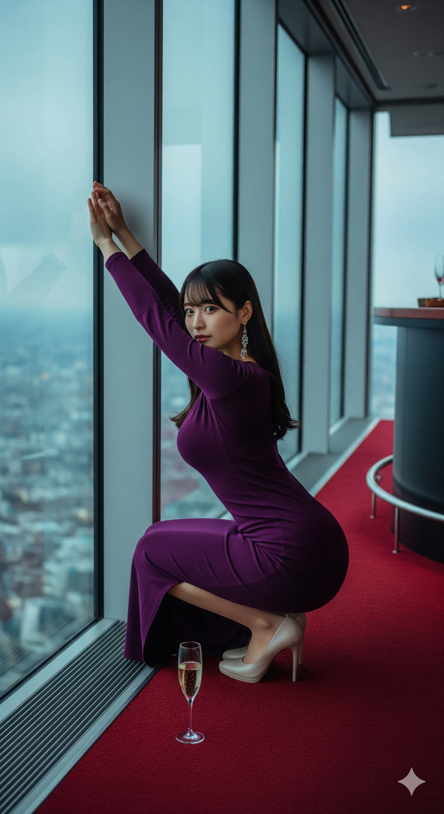 高台でドレス美女が脇を見せながら魅せる大胆ポーズ 014