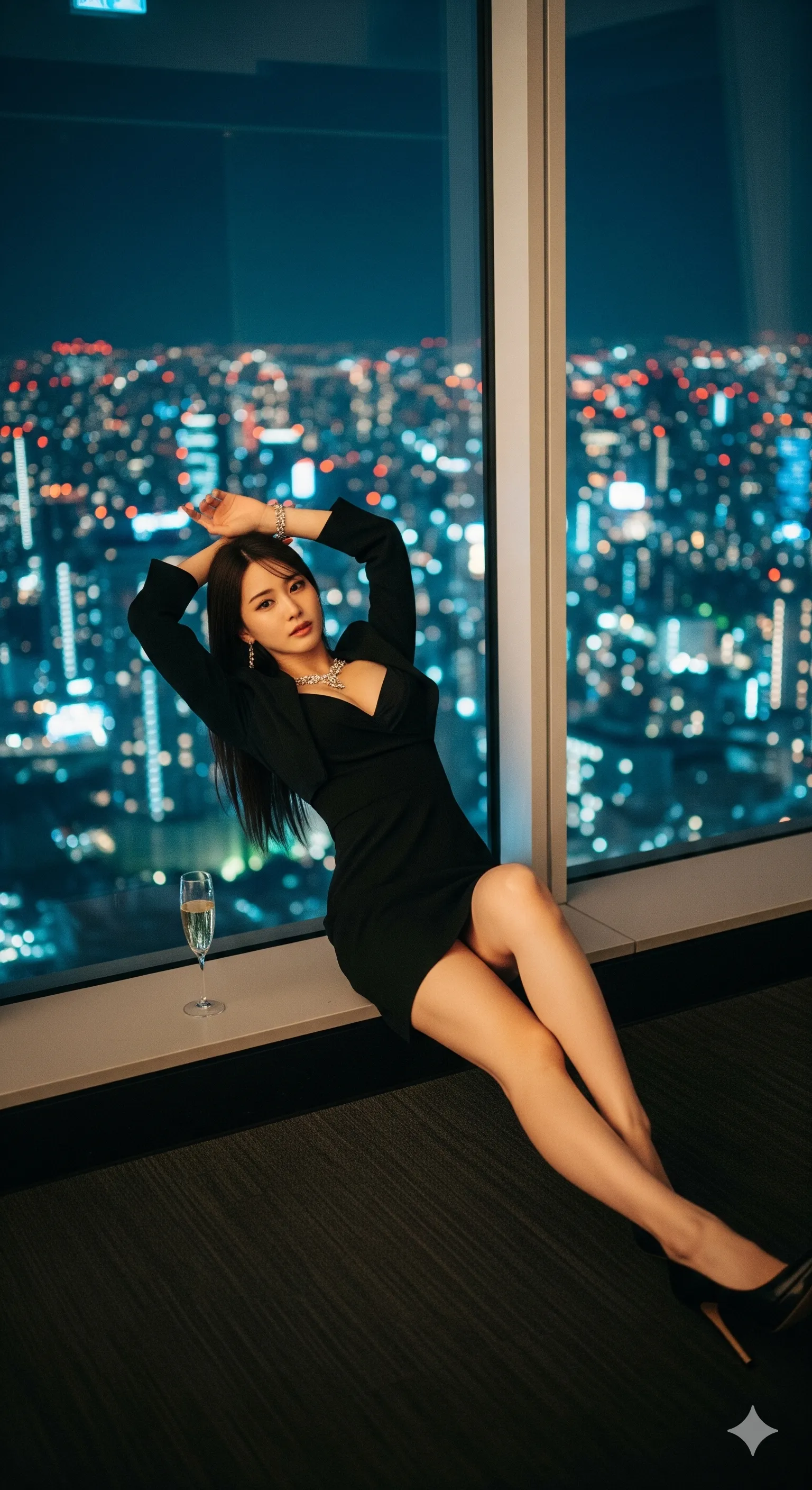 脇ラインが際立つ片腕上げポーズの夜景美女 016