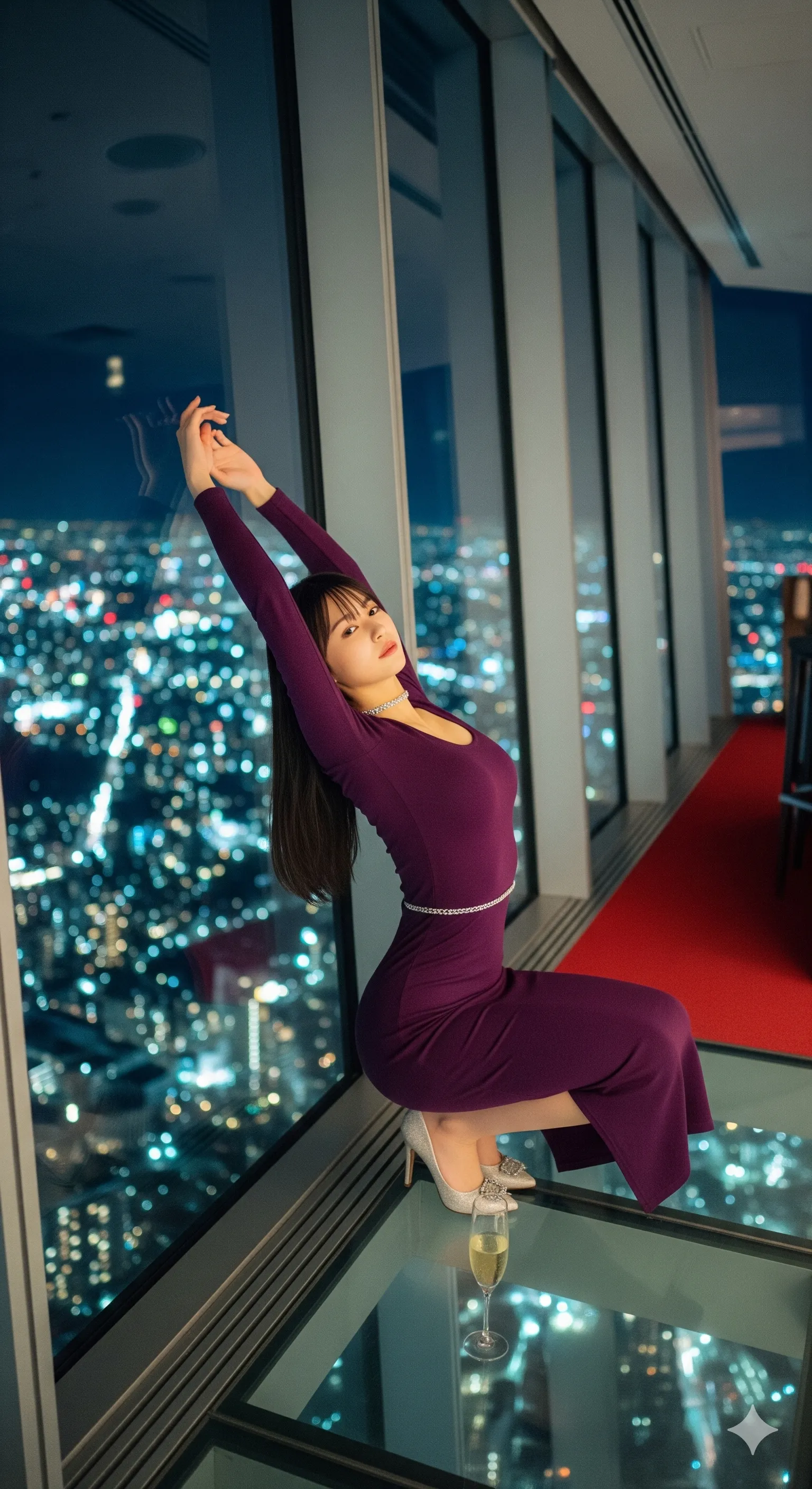 夜景を背景に脇を強調した妖艶ドレスポーズ 020