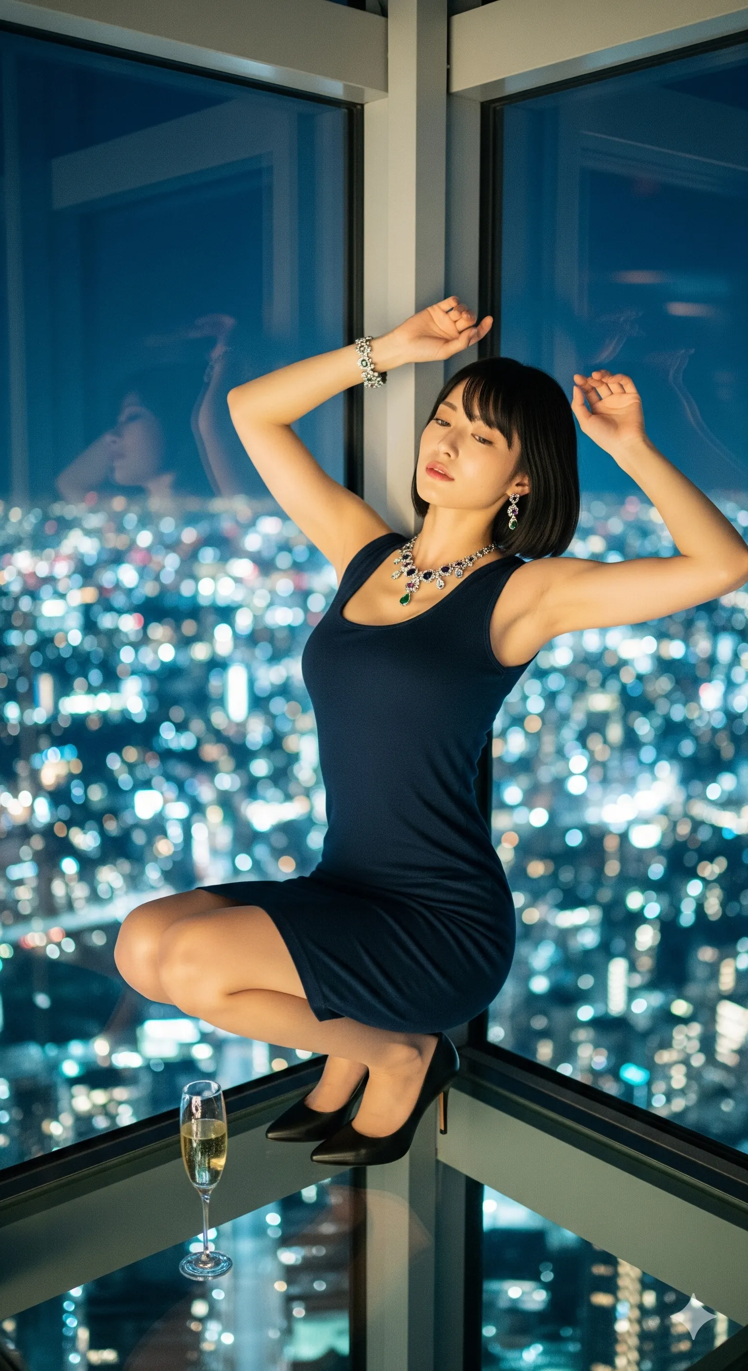 高台ポーズで脇を大胆に露出した夜景美人 036