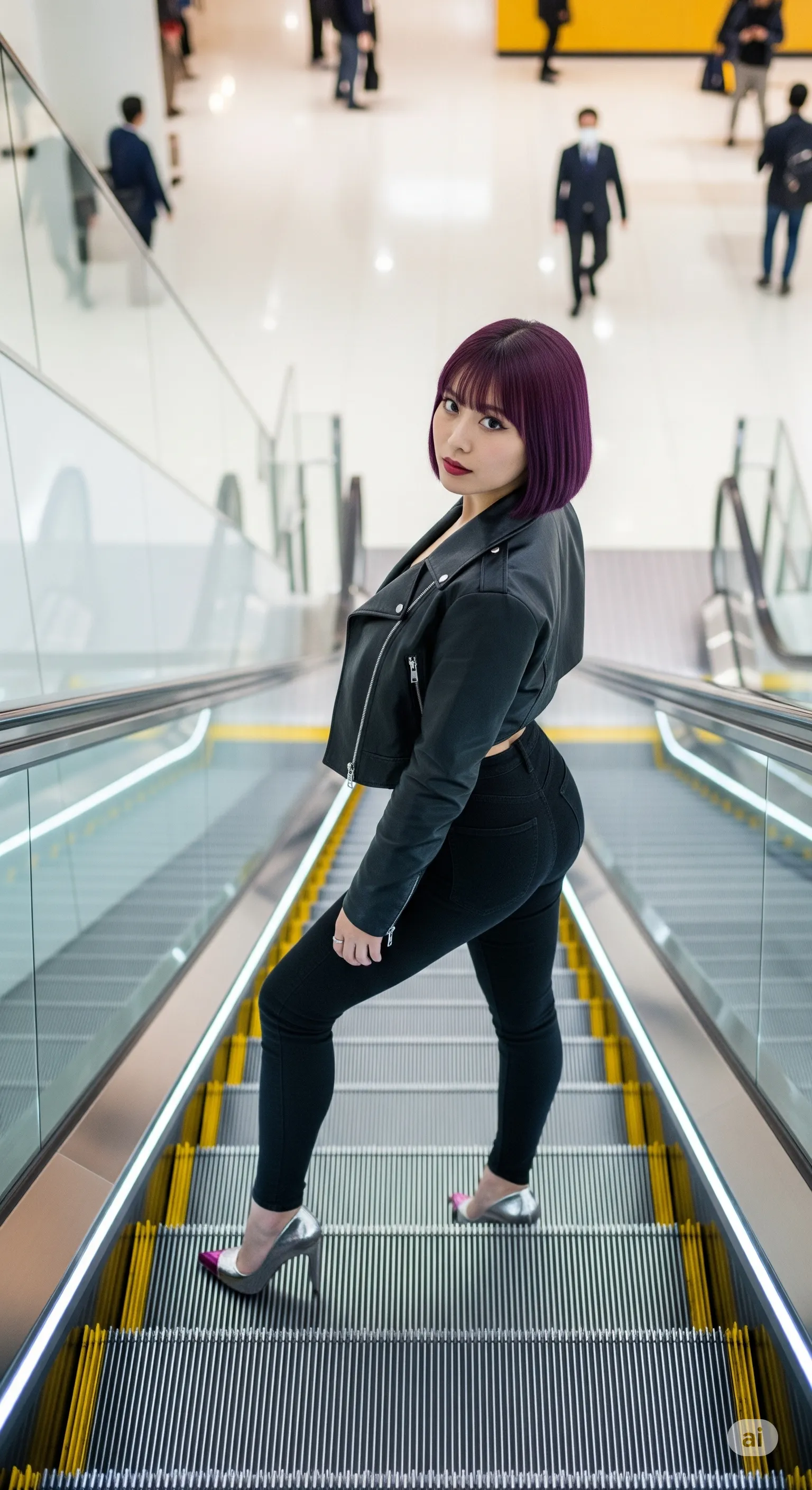 エスカレーターの傾斜で太ももと尻が強調される美女ショット 018