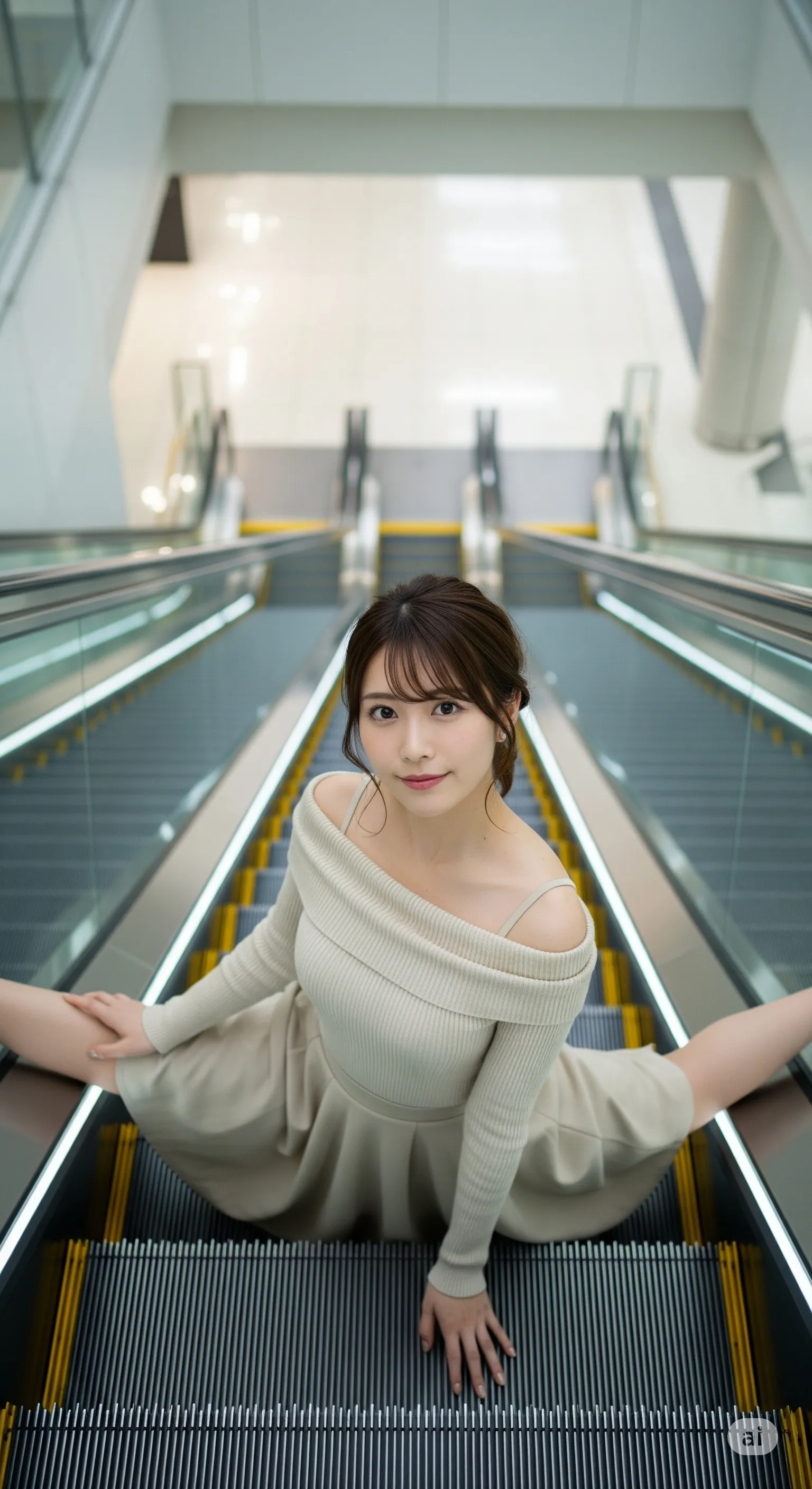 エスカレーターで上昇する瞬間に尻が強調されるギャル美女 024