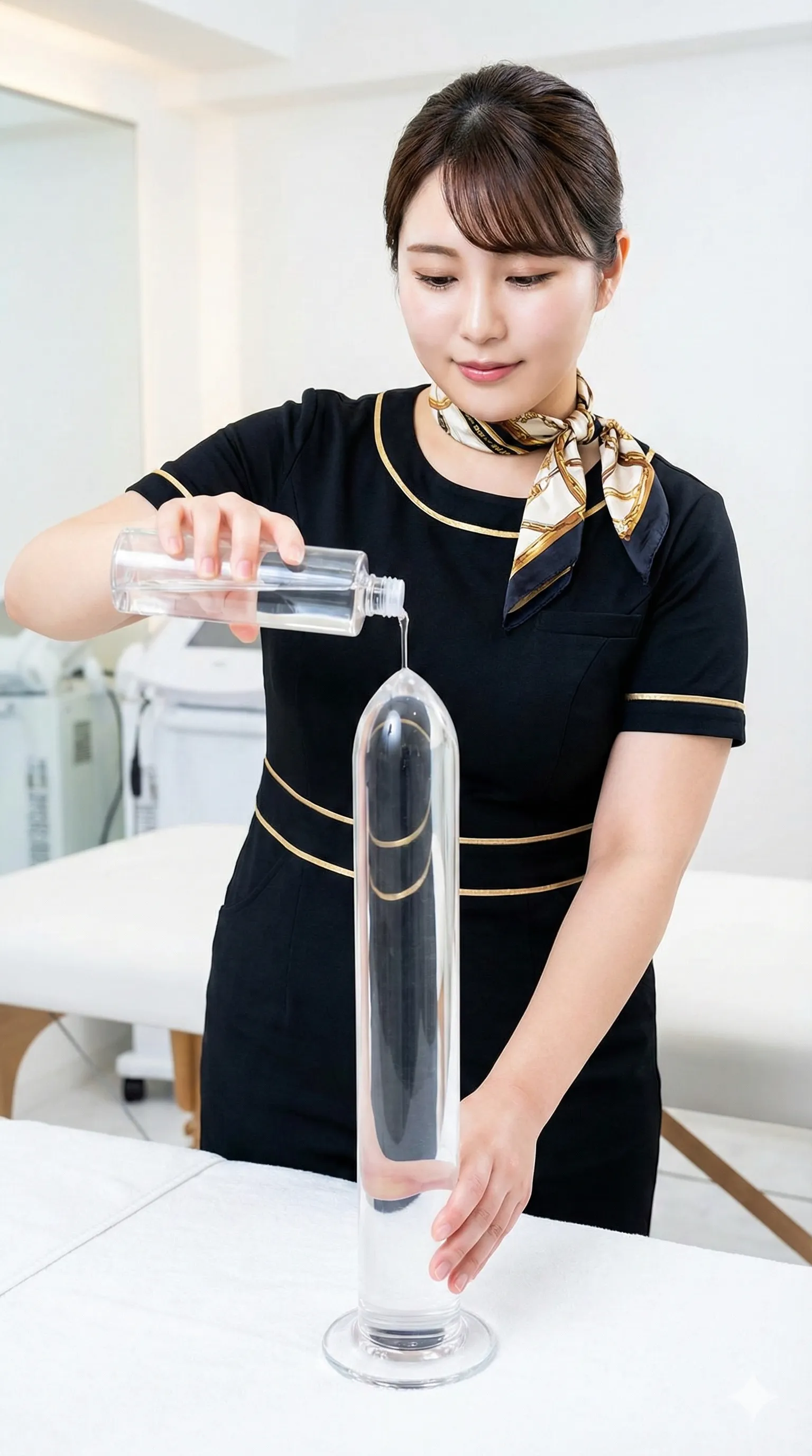 クリスタル越しに見つめるエステティシャンの主観風ショット