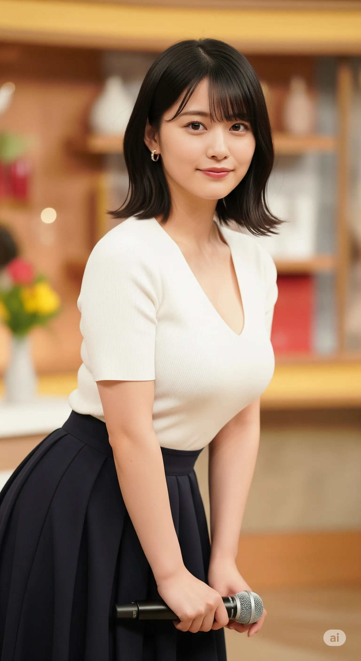 演出のなかで揉まれるような位置にある、豊かな胸の膨らみ