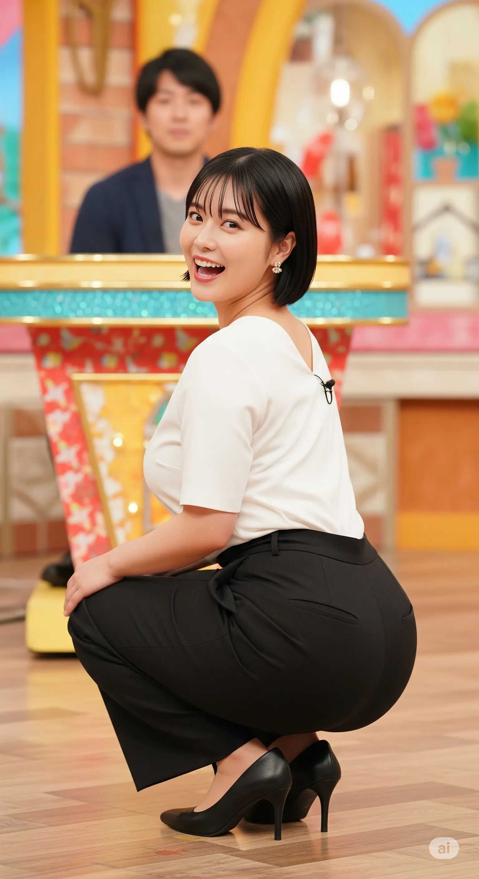 テレビ局の舞台裏、秘密の訓練を彷彿とさせるポージング