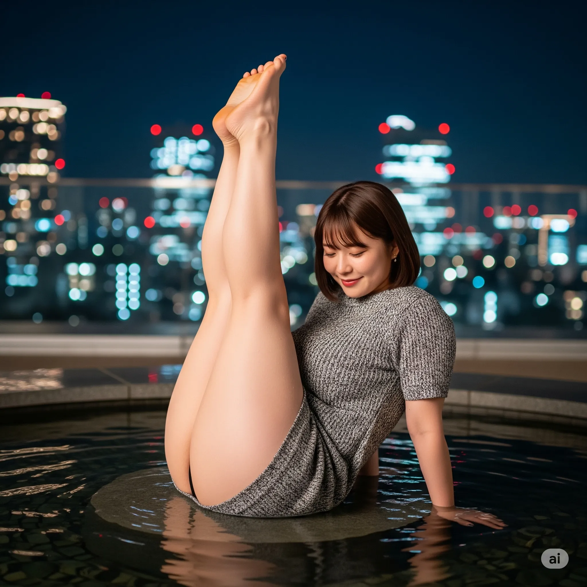 脚長効果ポーズ 太もも曲線 夜景グラビア 011