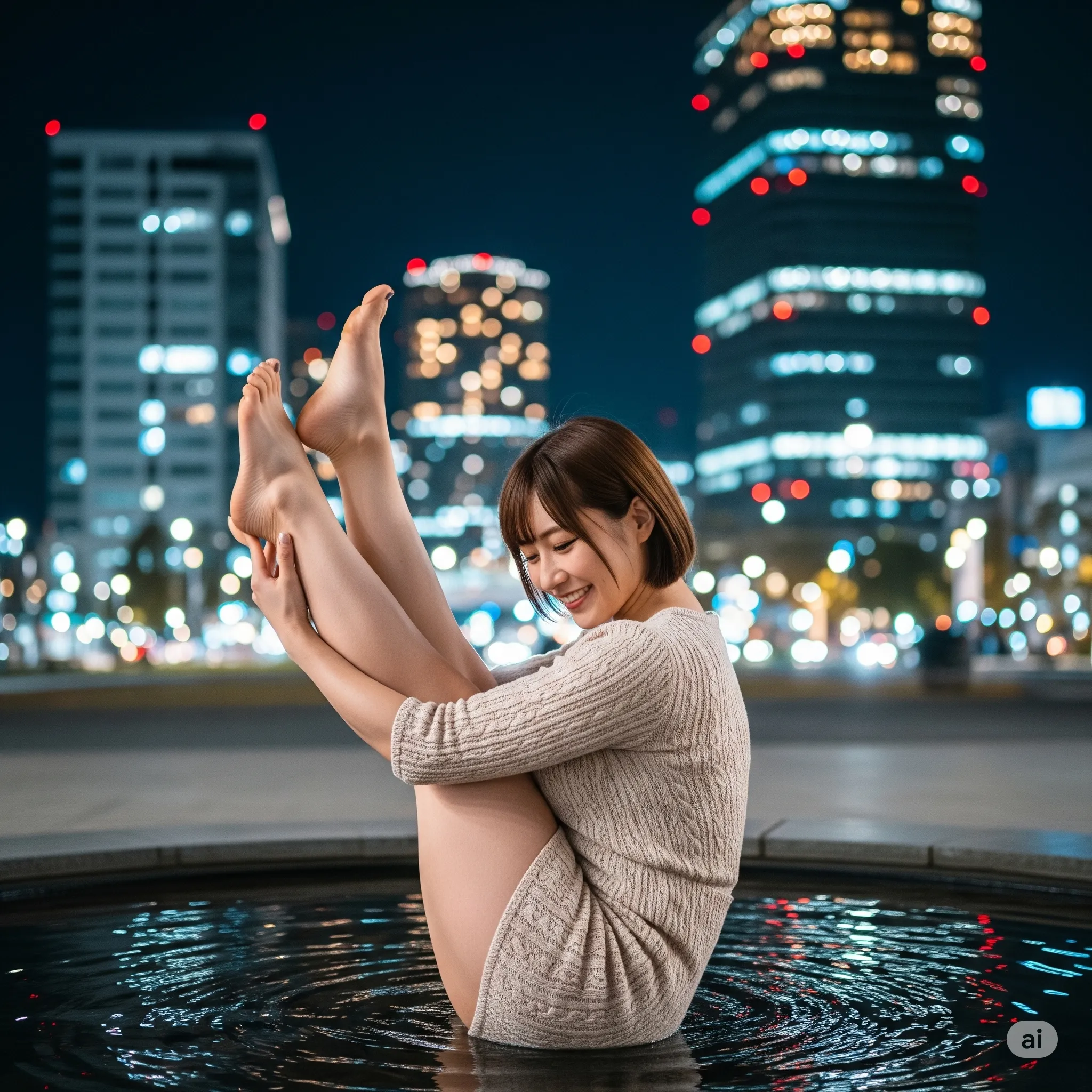 都会の噴水での脚見せポーズ 019