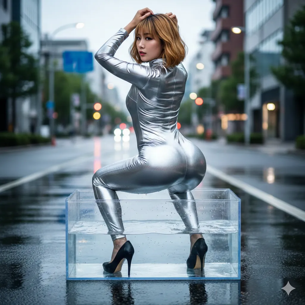 モデルのしなやかな後ろ姿と都会の背景が魅せるグラビア的表現