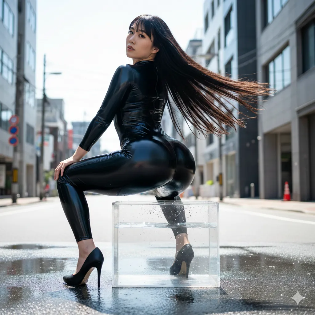 スクワットポーズの瞬間を切り取り陰影が際立つ美しいライン