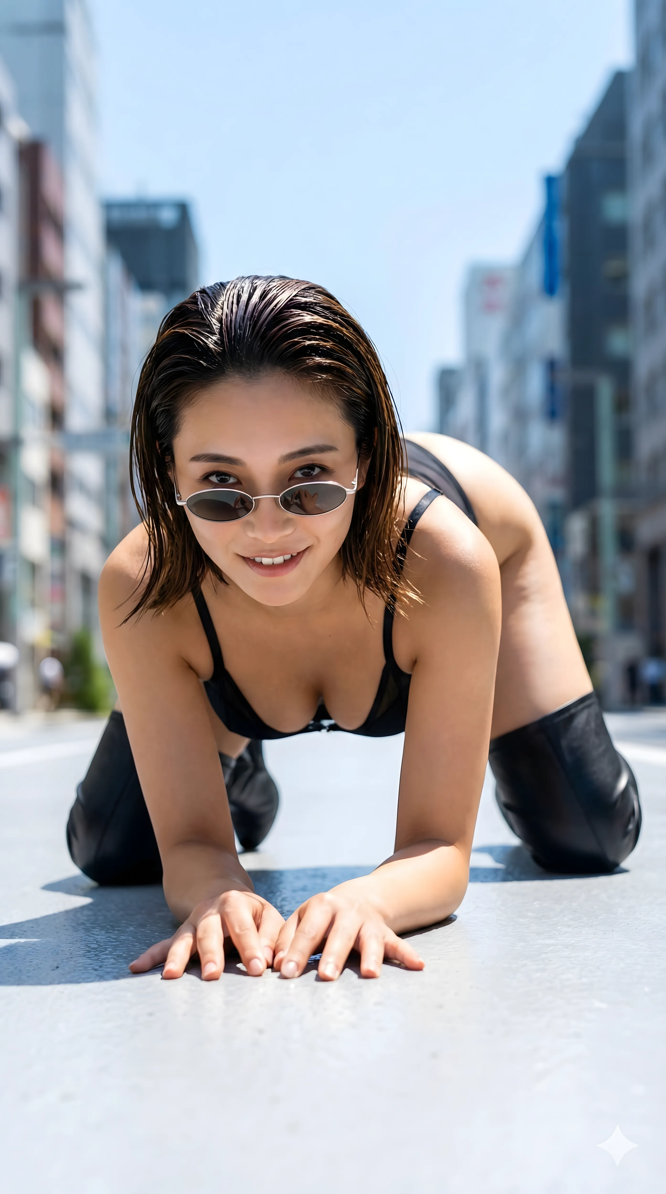 黒ビキニギャルが道路で四つん這いになるセクシーショット