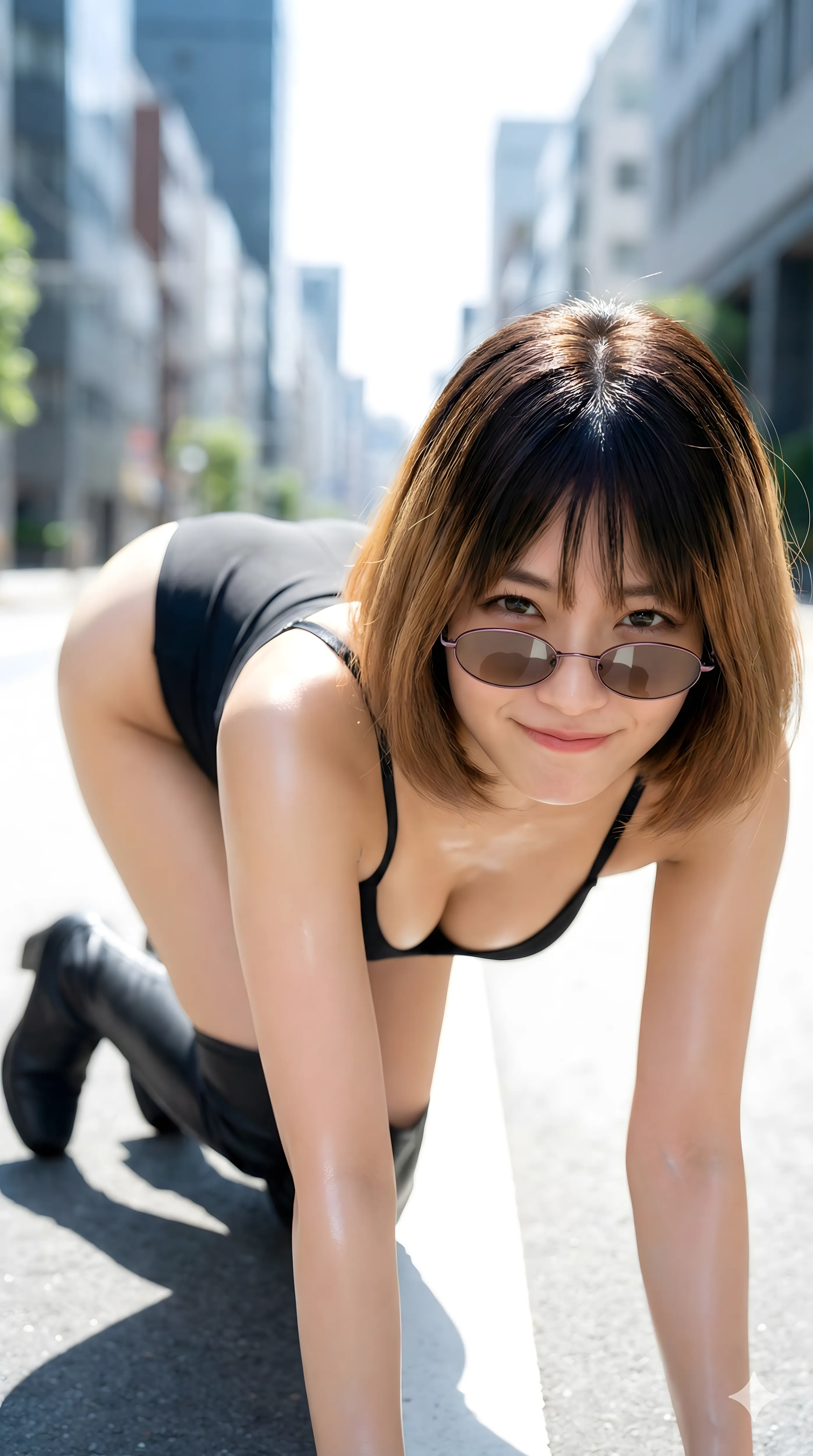 路上で振り返り微笑む黒ビキニ美女