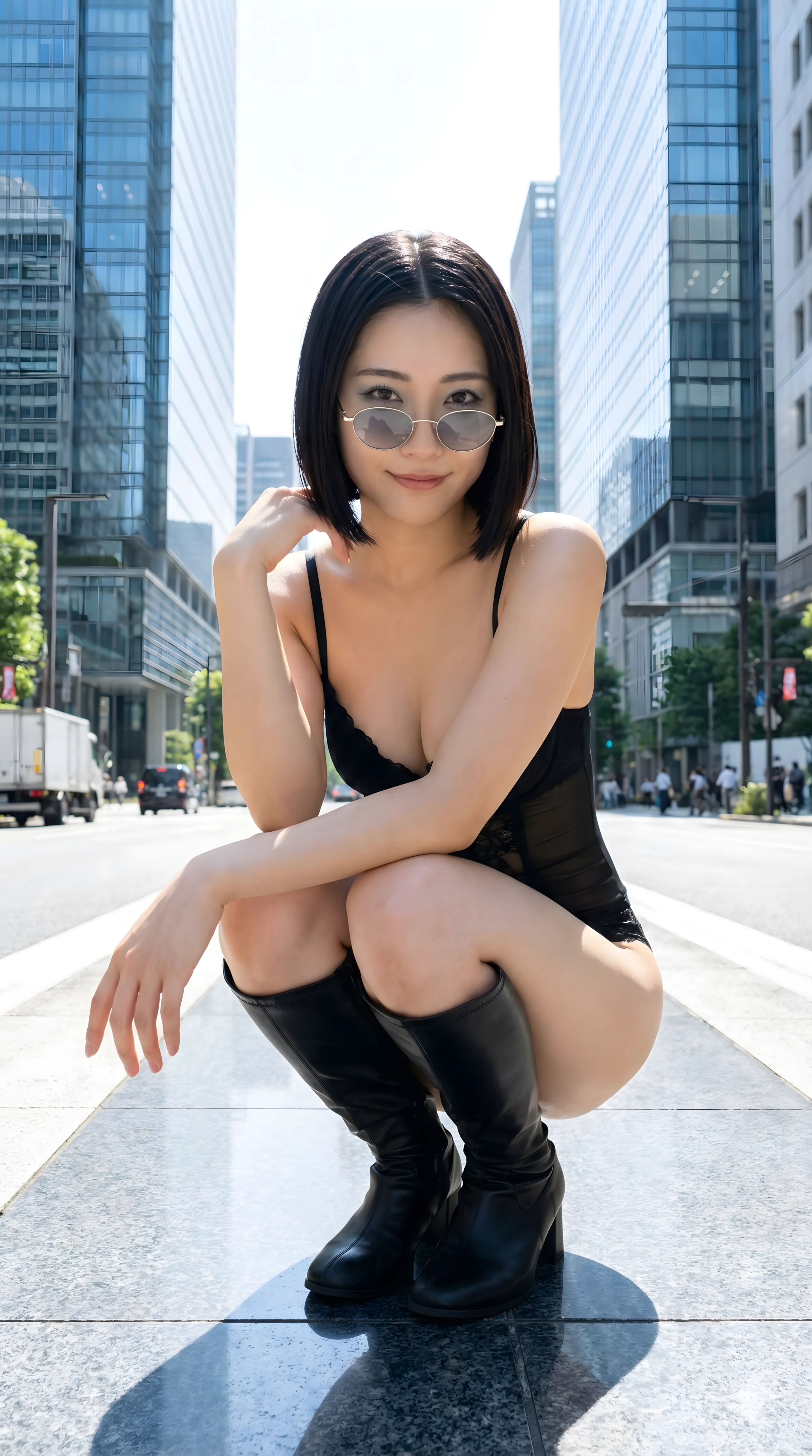 四つん這い姿勢でヒップを強調する黒ビキニギャル