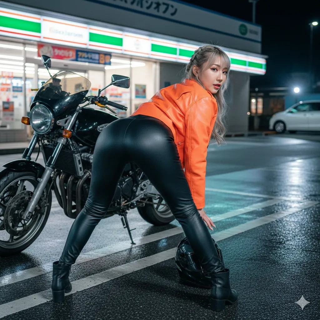 ギャル女子 レザーパンツの曲線美 009