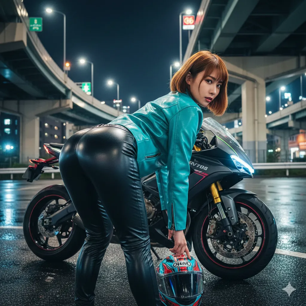 バイク ギャル レザー 屈み姿勢 017