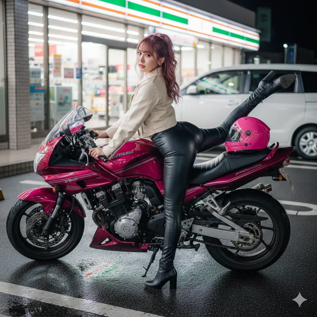 レザー ギャル尻 バイク 跨がり 037