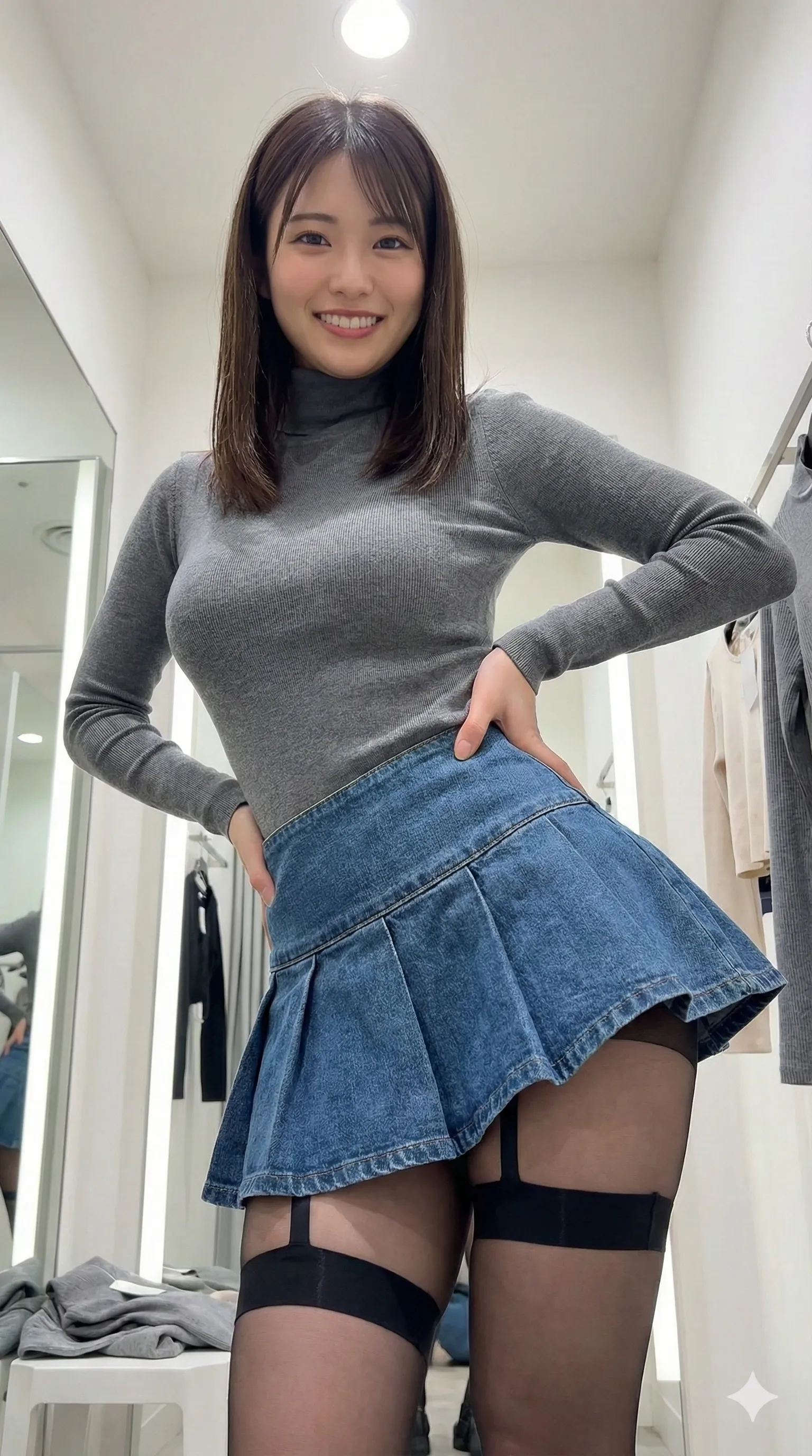 デニムミニスカの隙間から覗くガーターストッキング 007