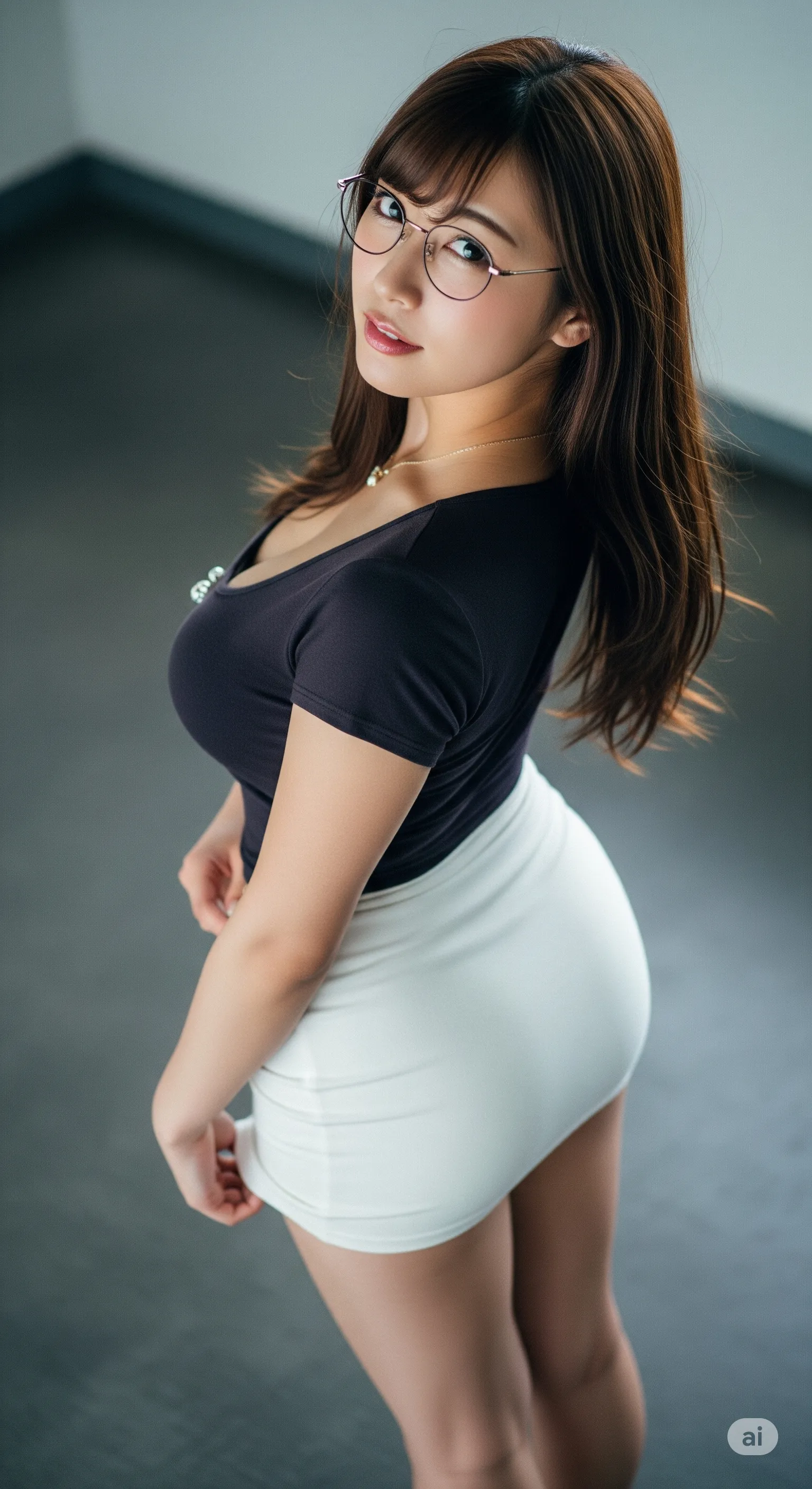 廊下で立ち止まり視線を向けるタイトワンピ巨乳女性