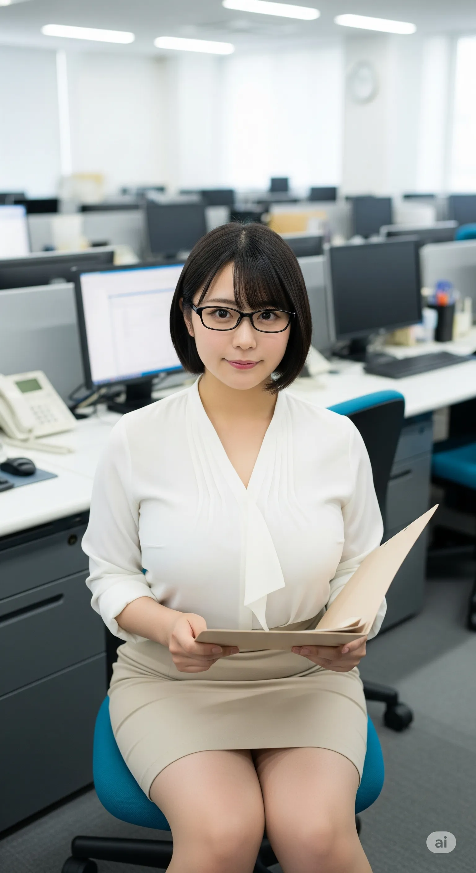 メガネ女子OLのオフィスカジュアル姿 落ち着いたヒップライン