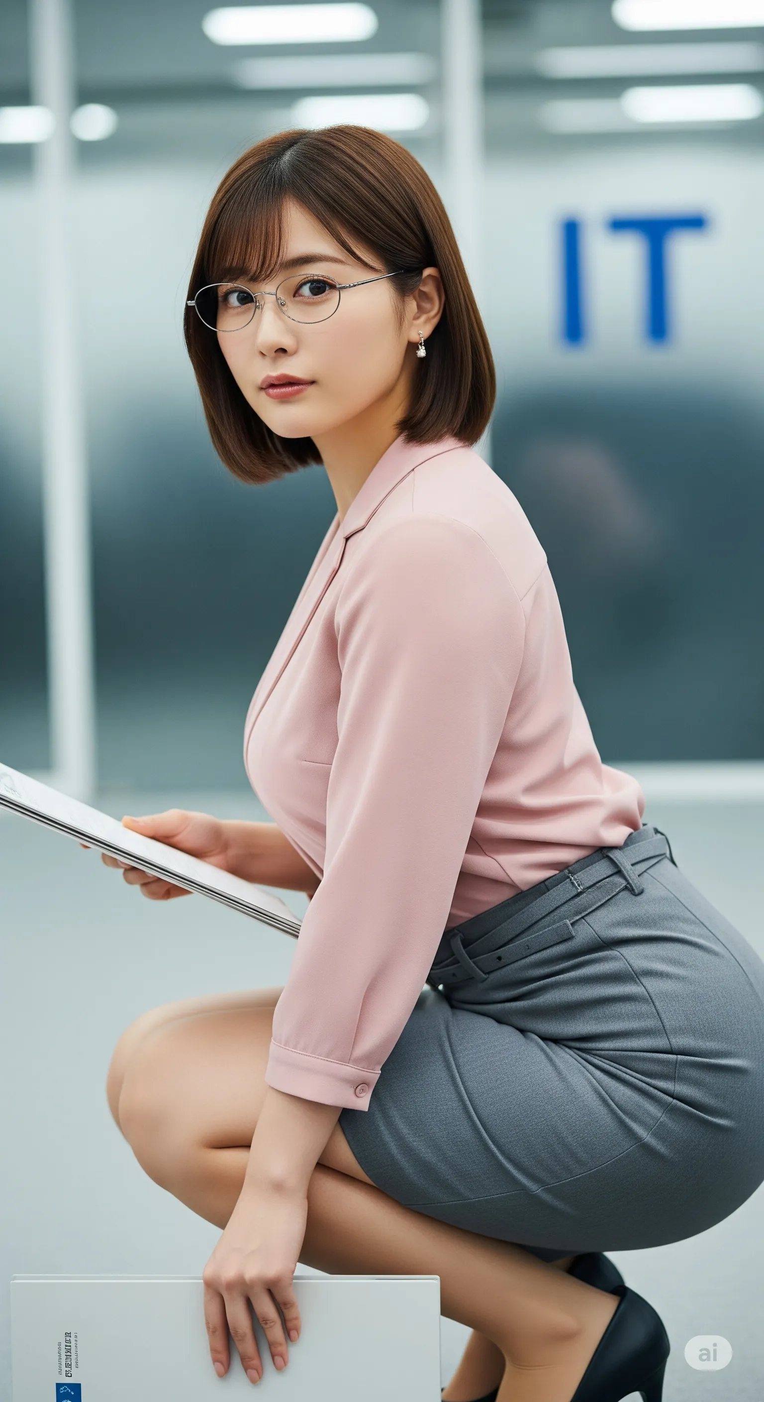 デスクに手をつくメガネ女子のオフィスシーン