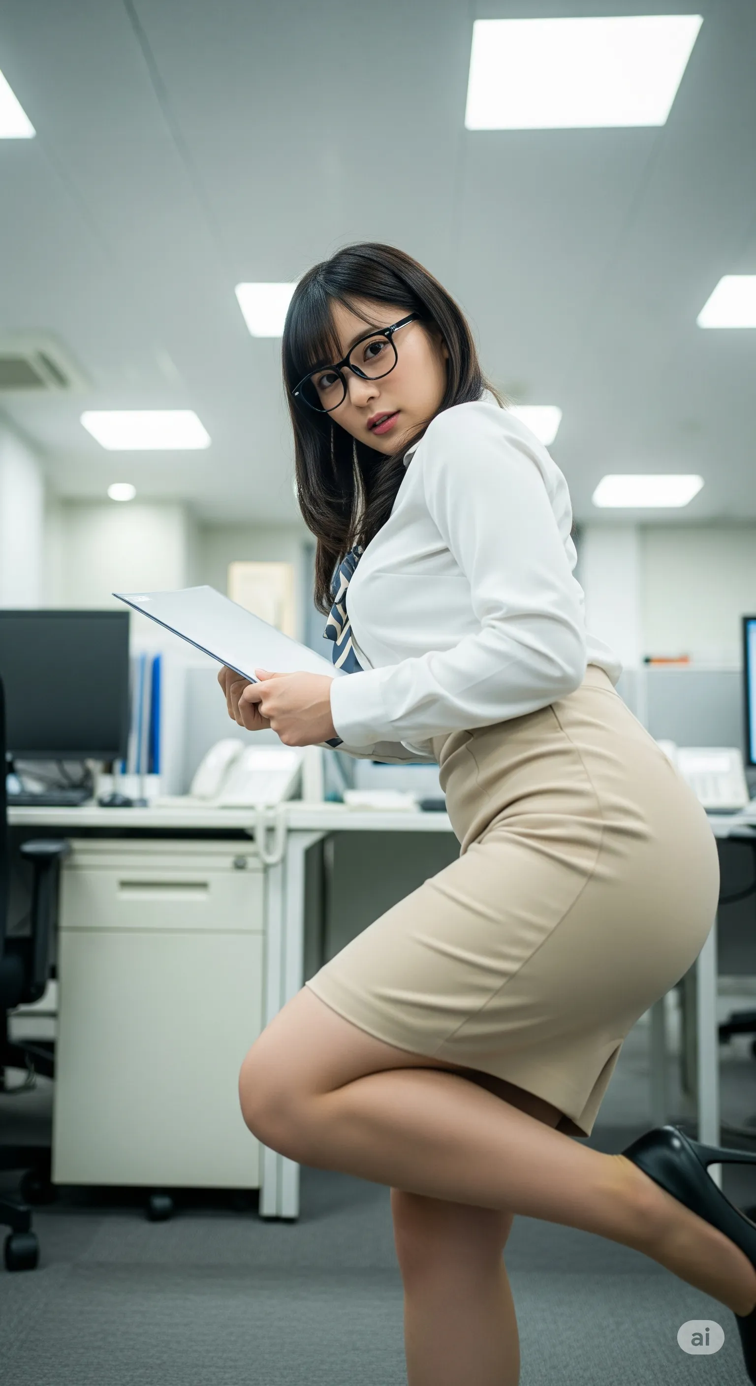 メガネ女子のオフィスでの立ち姿