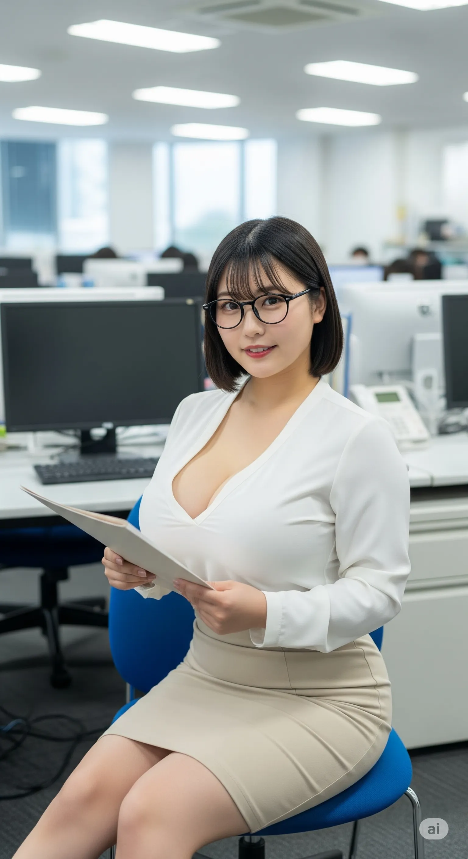 オフィスでしゃがむ女性の自然なヒップライン