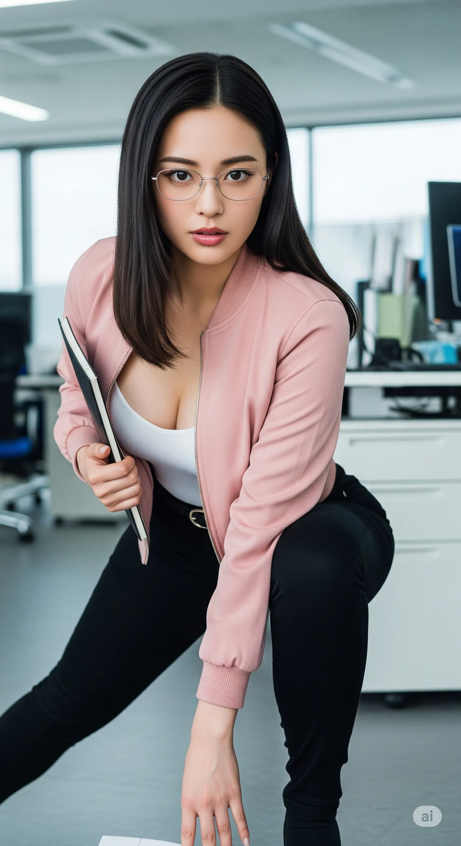 社内でしゃがむOLのシルエット重視カット