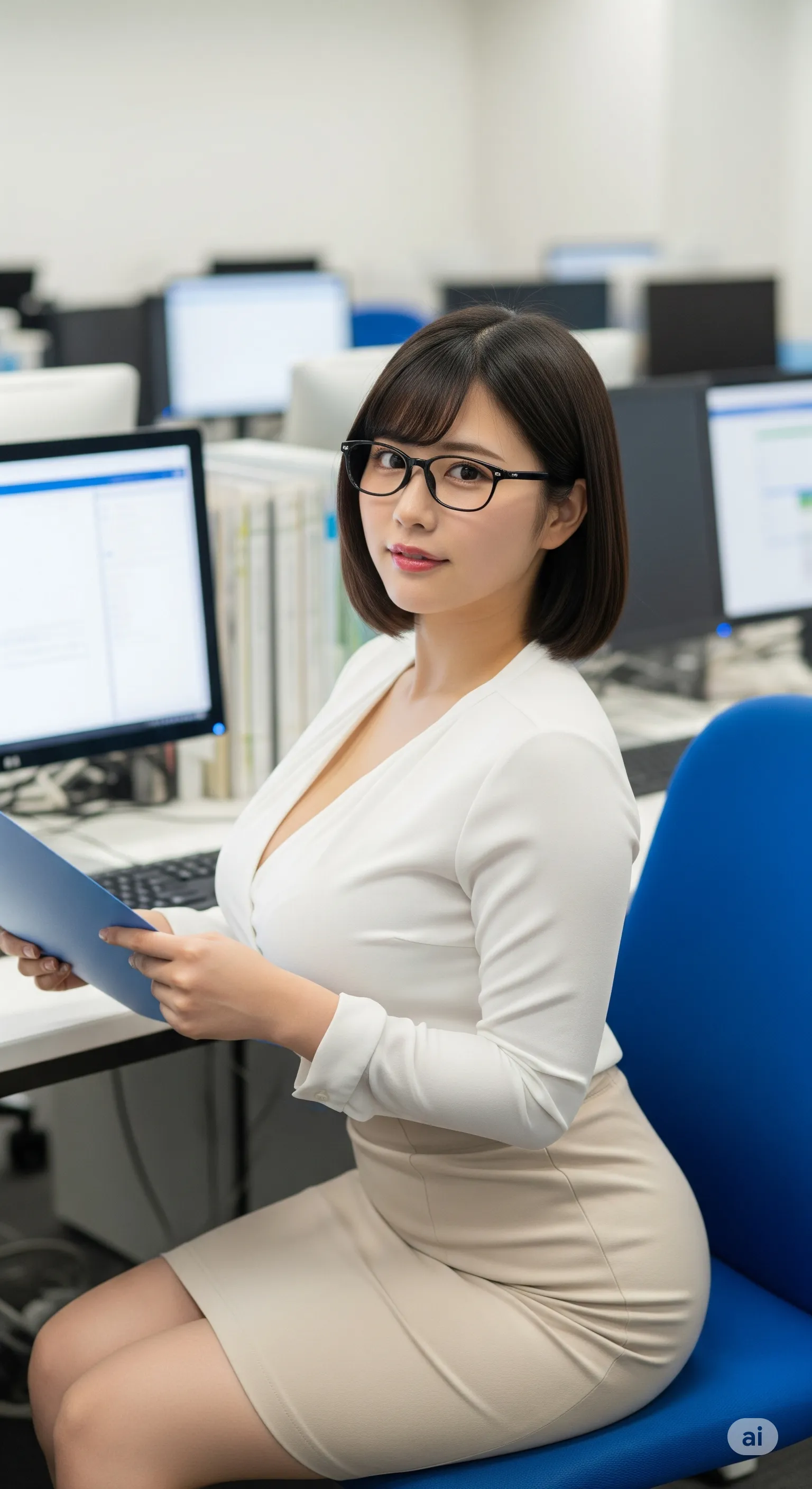 眼鏡とオフィスカジュアルが映える一枚