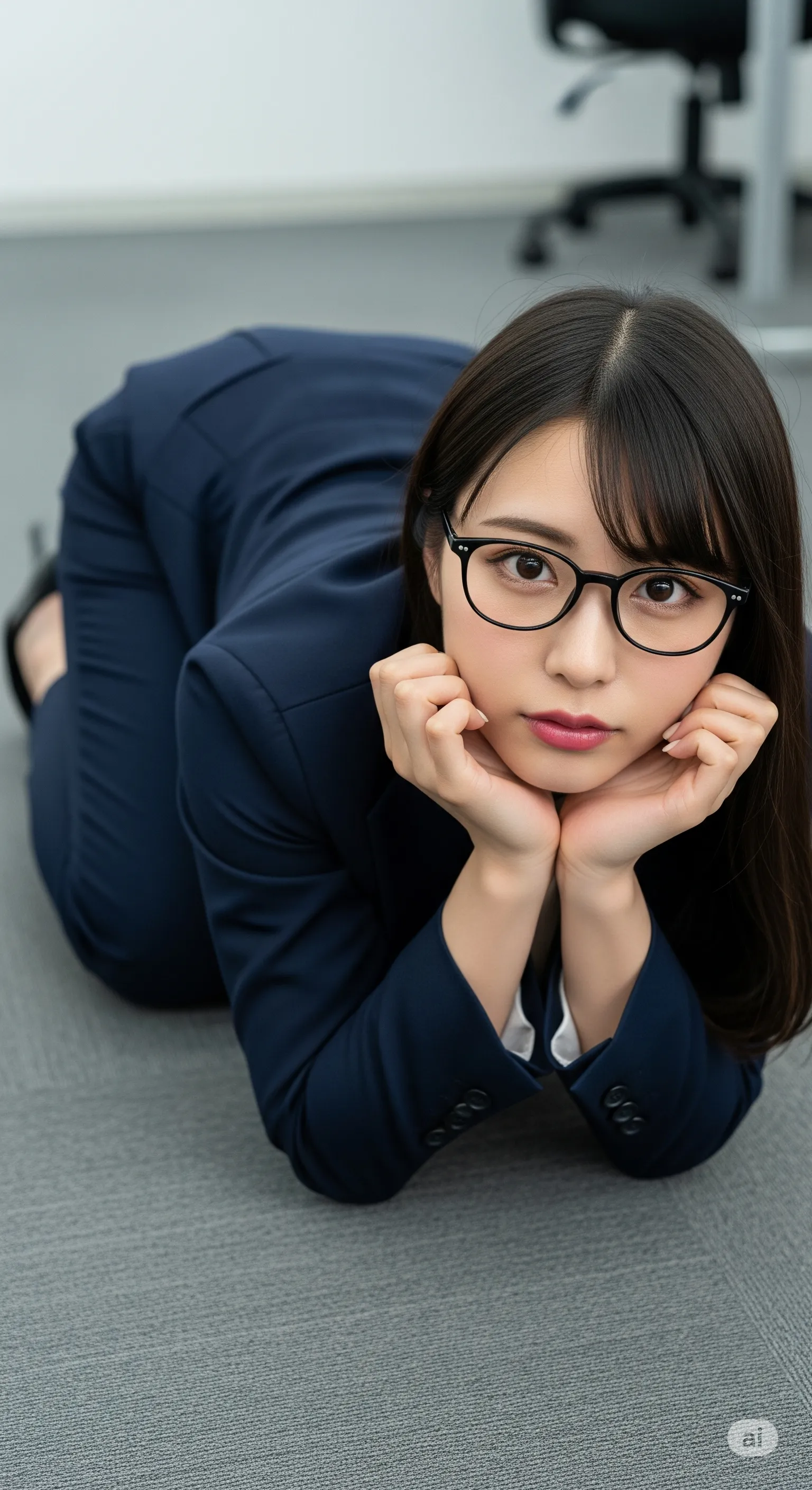 メガネ女子のオフィスカジュアルな立ち姿