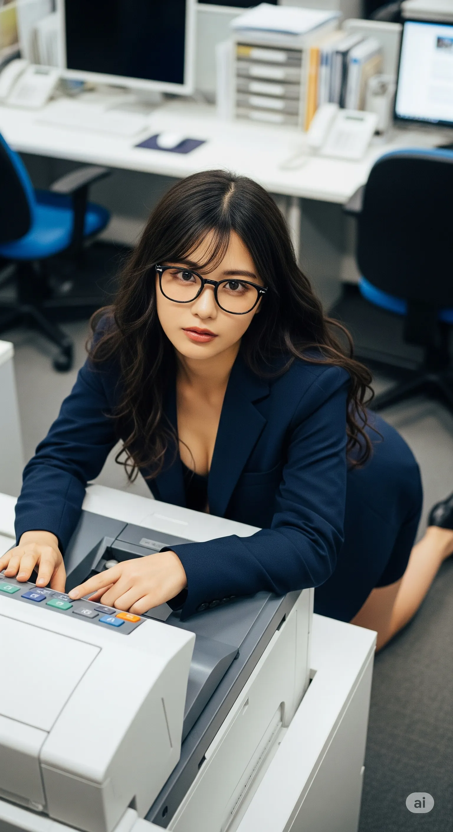 眼鏡OLの後ろ姿が印象的な社内カット