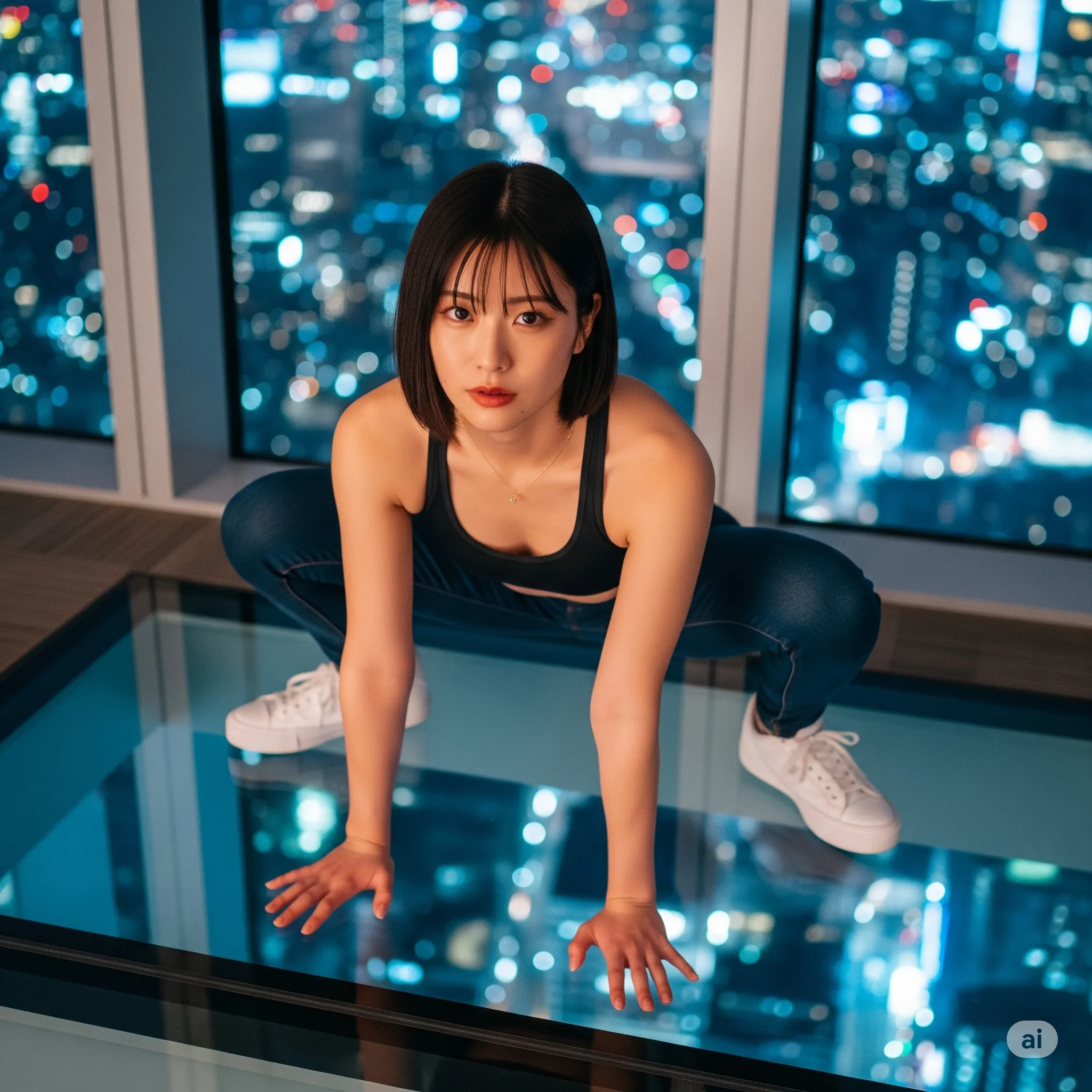 ブラトップ＆デニム踏ん張り微エロ画像｜ガラス張りのホテルで映るグラビア