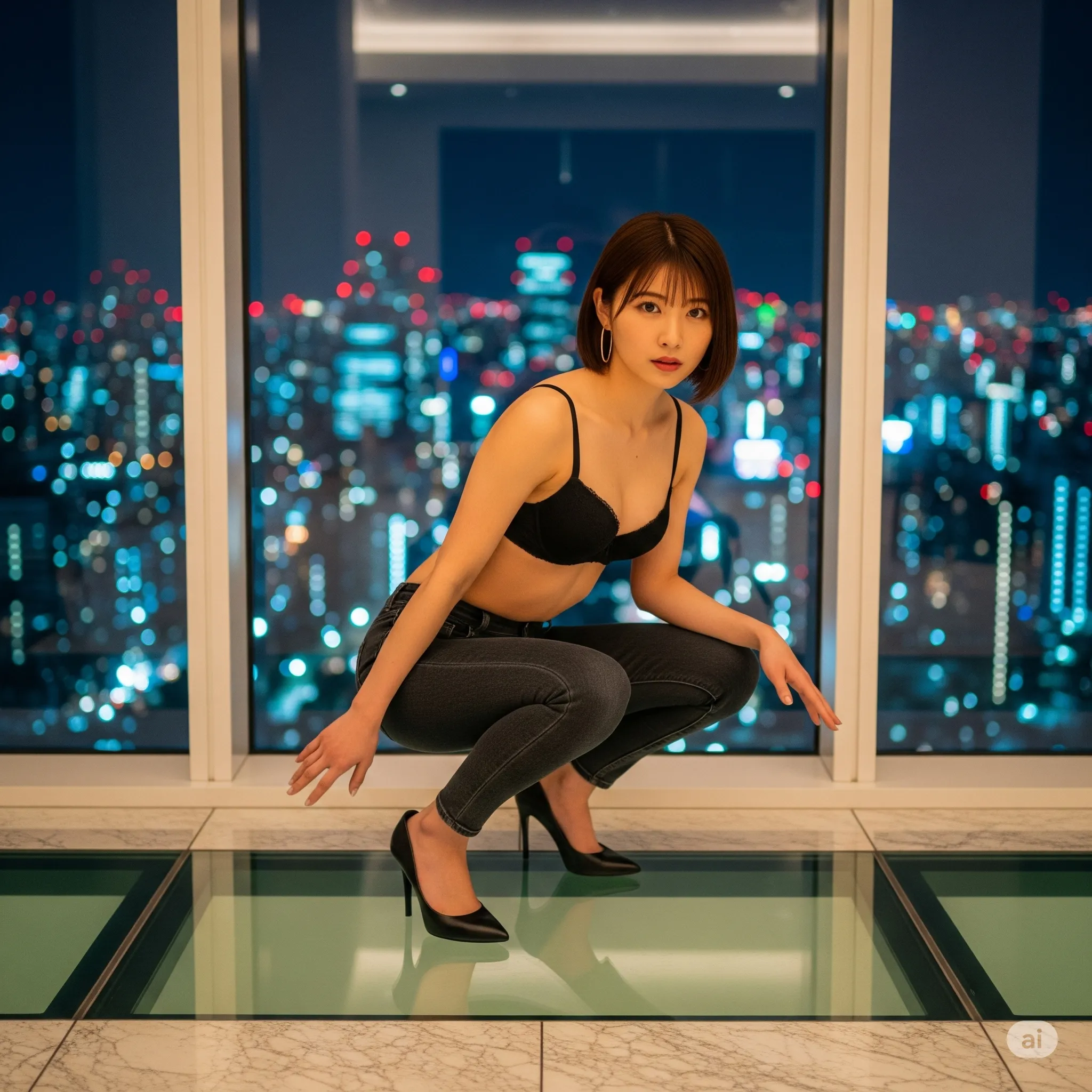 夜景 ホテル ガラス床 踏ん張り 美脚 グラビア 002