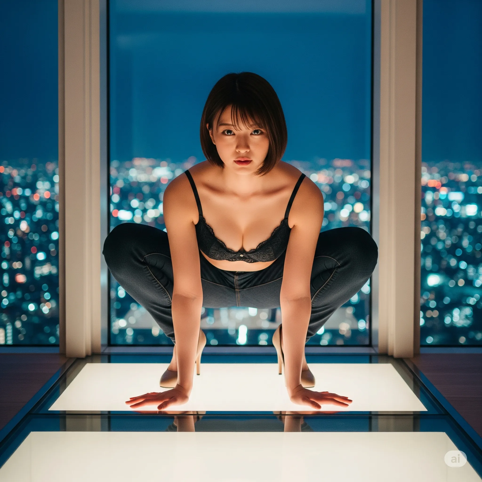 ブラトップ美女 ガラス床 夜景 グラビアカット 004