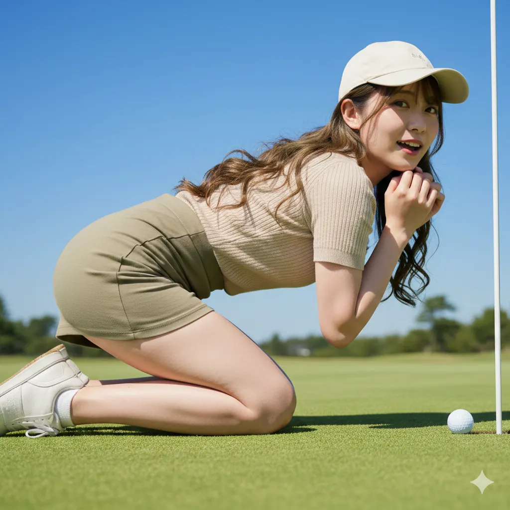 ゴルフ女性 四つん這い体勢 ミニスカ美尻 ニーショット 014