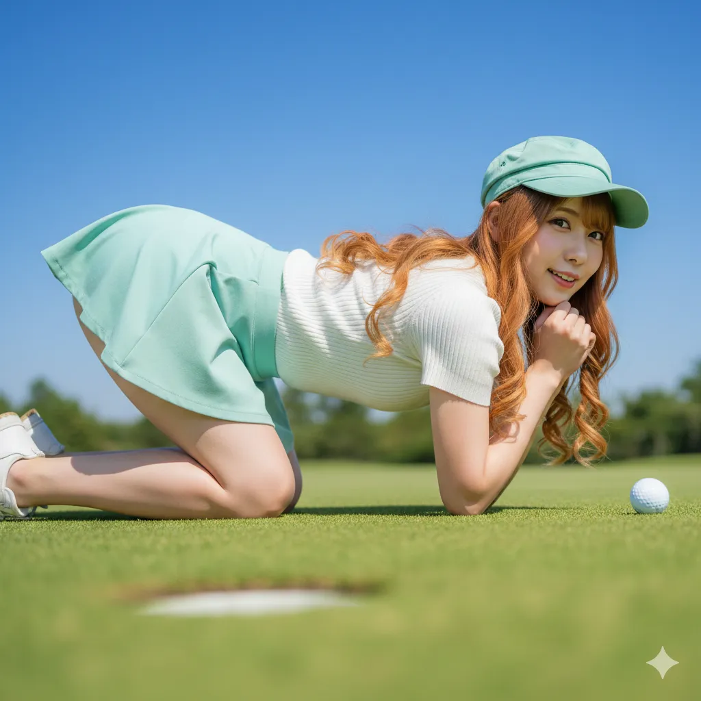 グリーンで四つん這い ゴルファー女子 ヒップアピールショット 016
