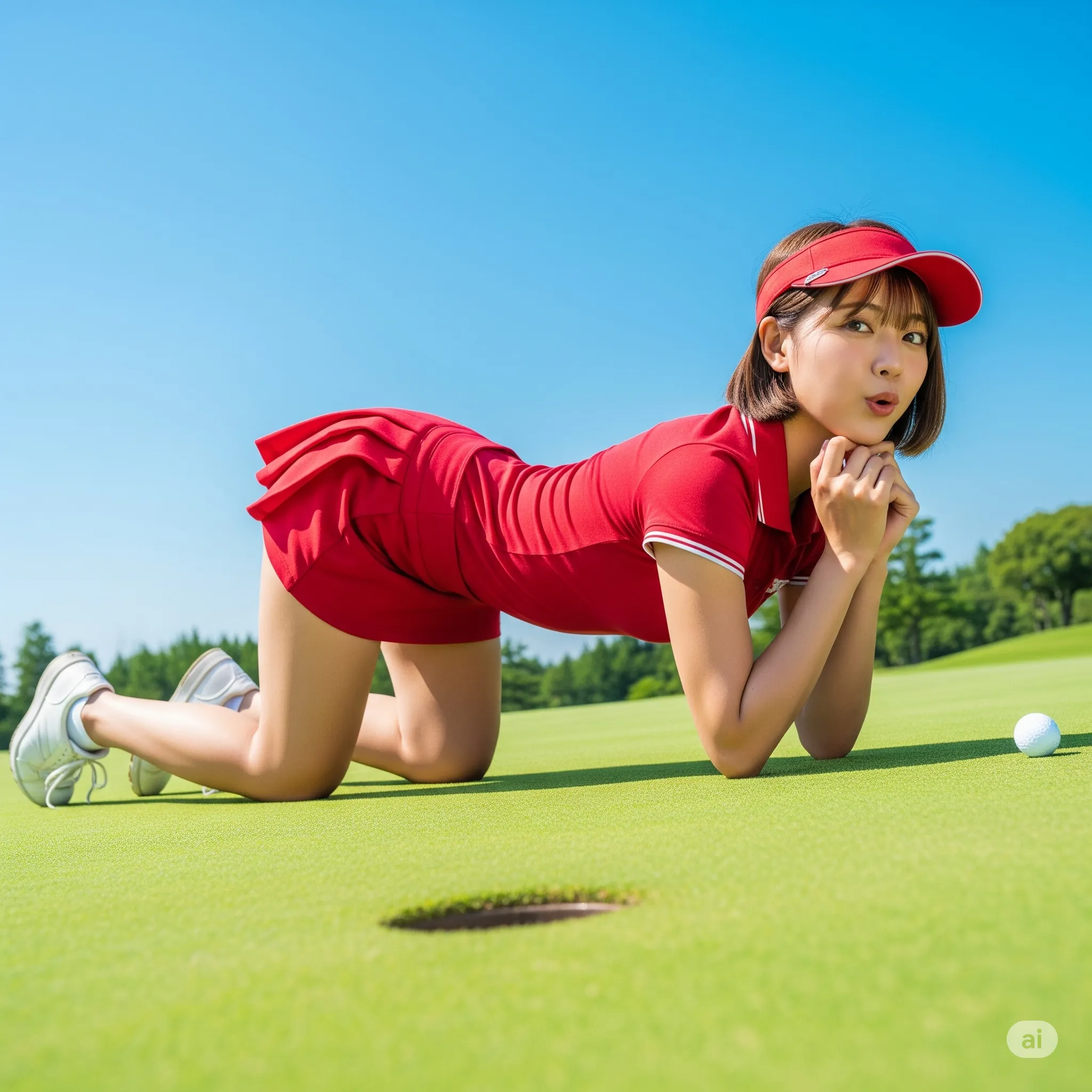 スポーティ女子 四つん這い ゴルフコース 美ヒップの角度 018