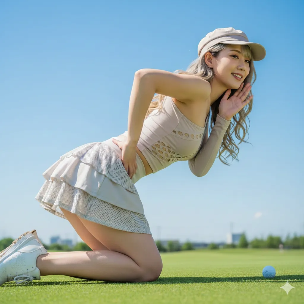 ゴルフ女子 四つん這い 美尻アピール 色違いスカート 030