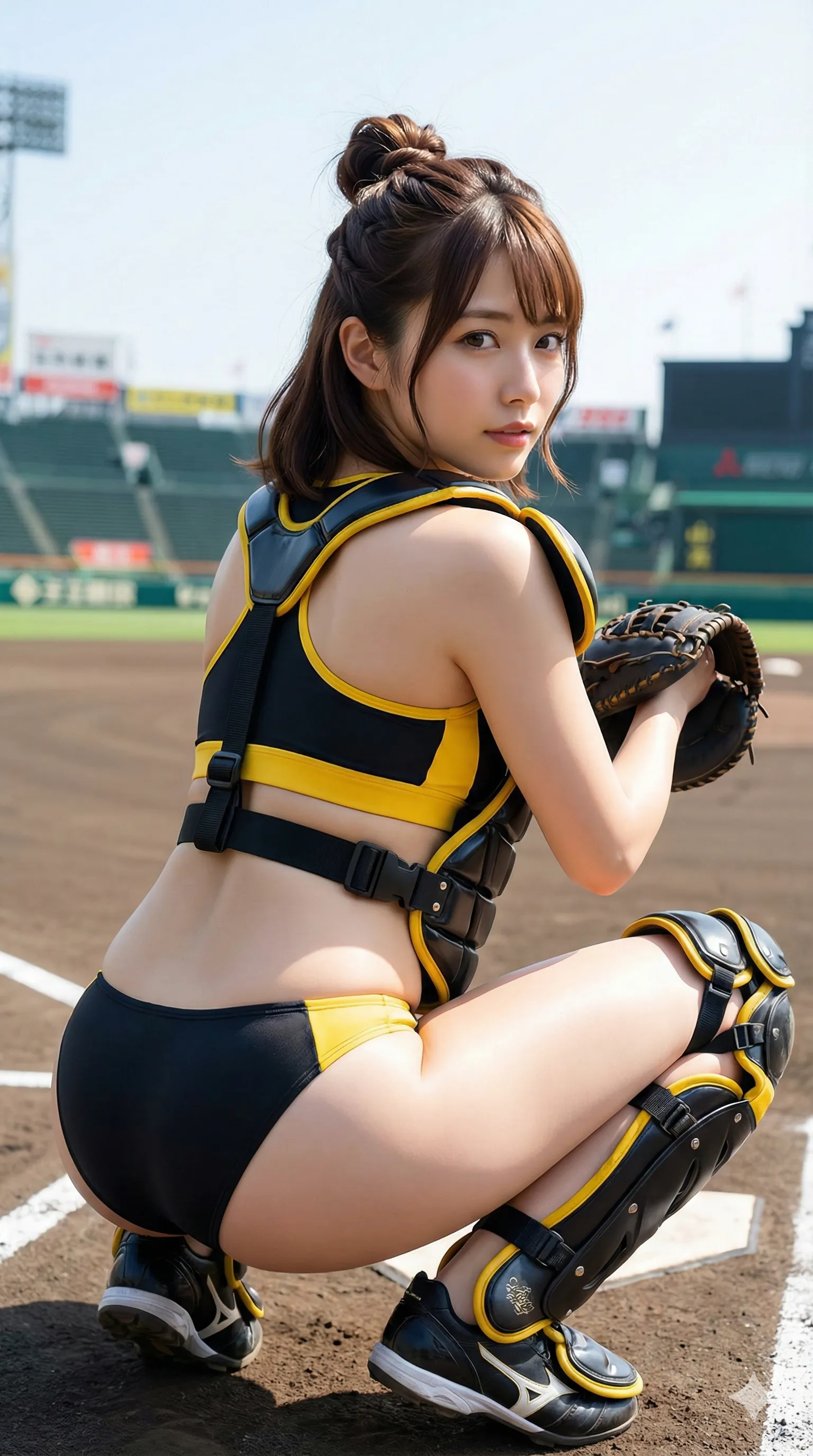 ホームベース上で深くしゃがみ込むキャッチャー防具美女のバックショット フェチ画像