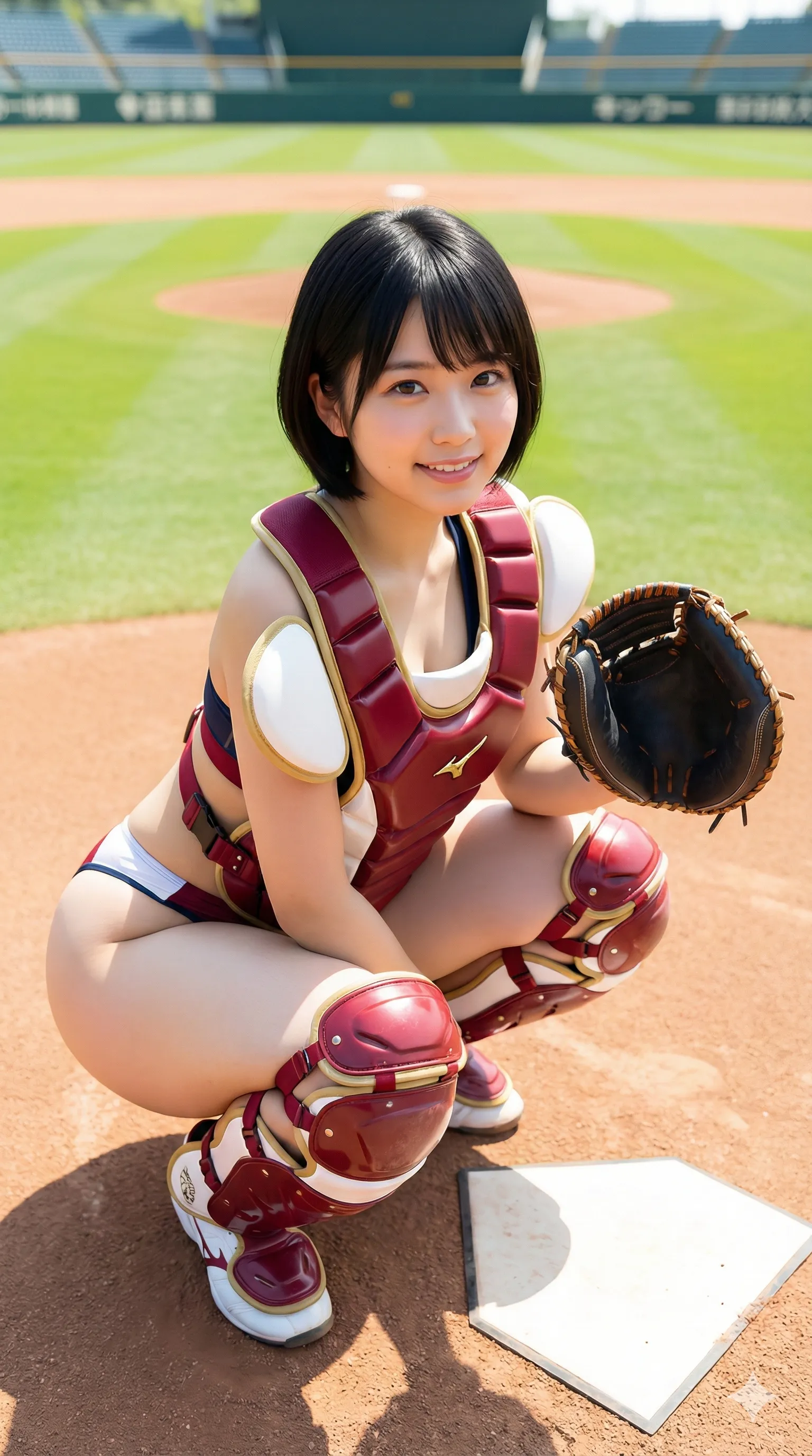 レガースを装着しスクワット姿勢でヒップを強調するベースボールフェチ 高画質