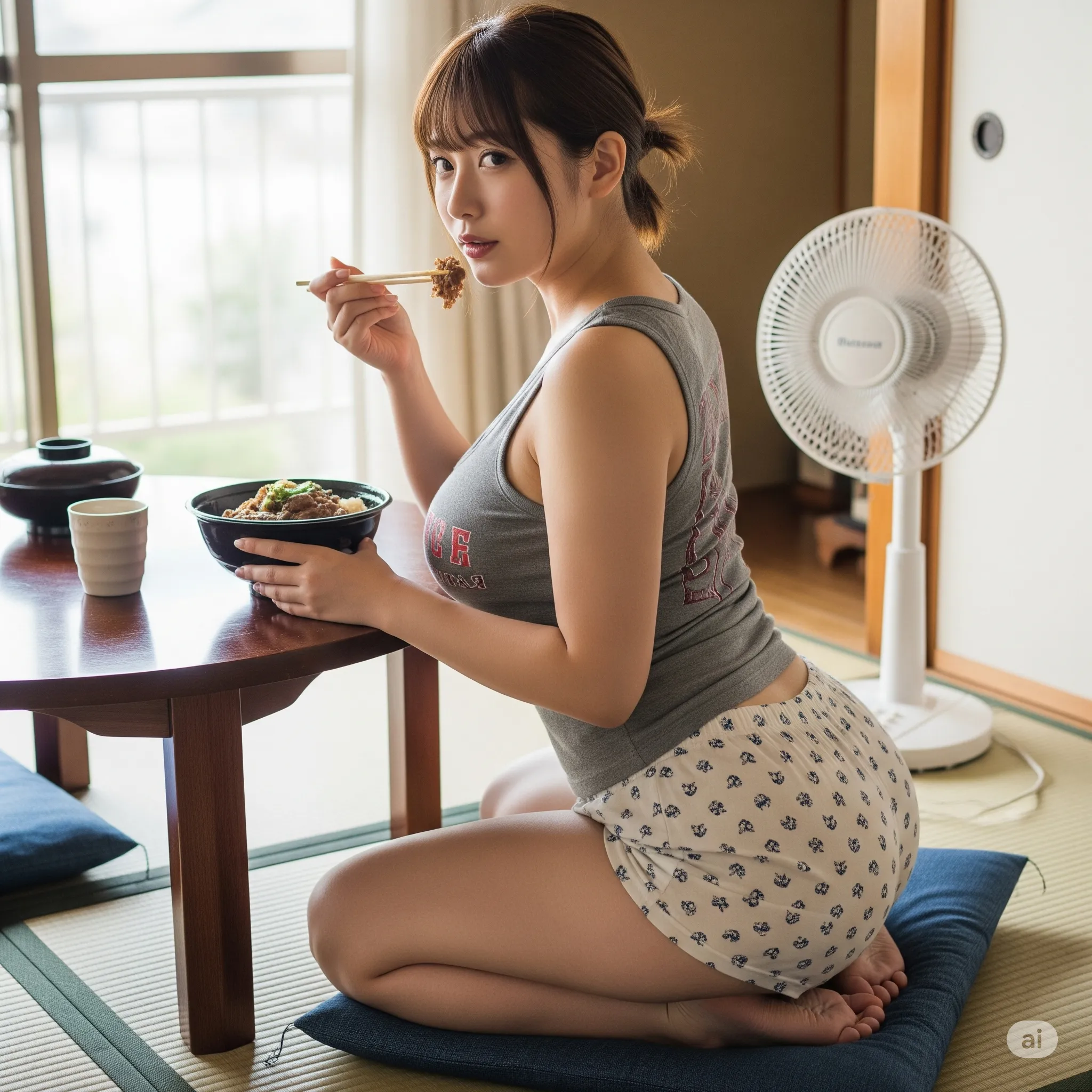 パンティー姿で畳に膝をつき、肉感的なヒップラインを魅せる生活感フェチ写真