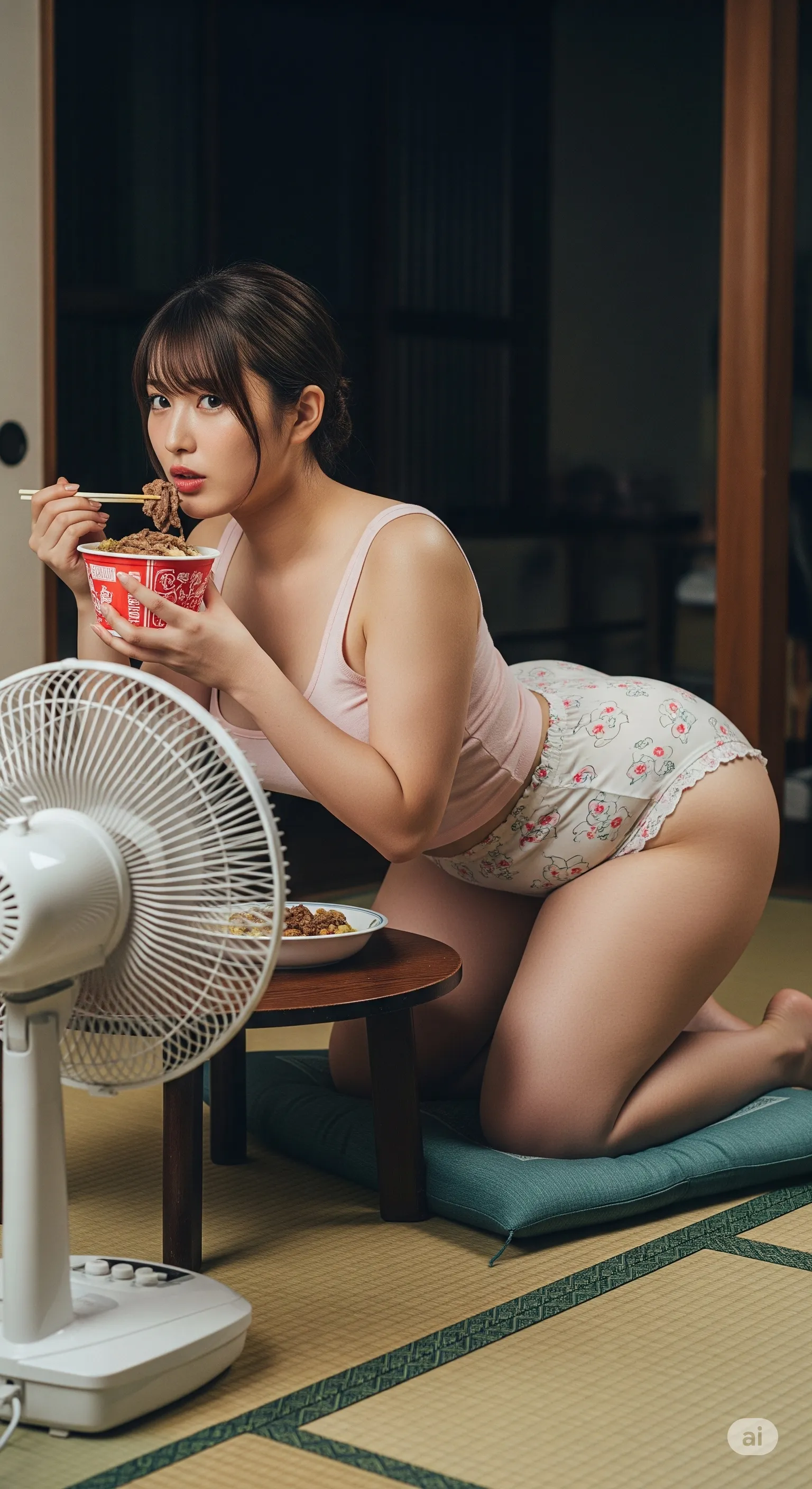 和室でお尻を全開にして食事に没頭する、無防備な美女のグラビア 高画質