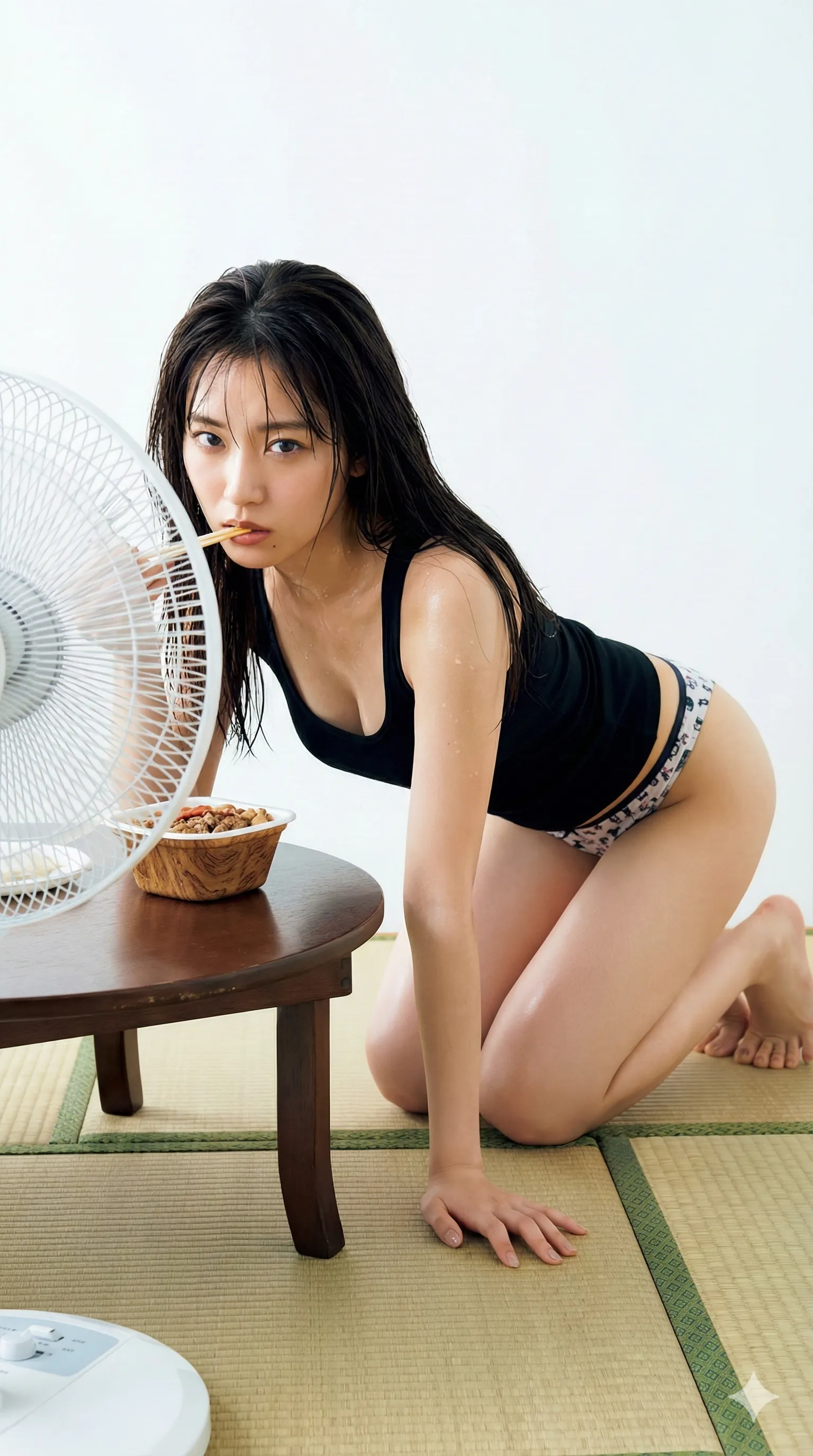 汗ばんだ肌とタンクトップの透け感｜和室での食事中に覗く美尻フェチ画像