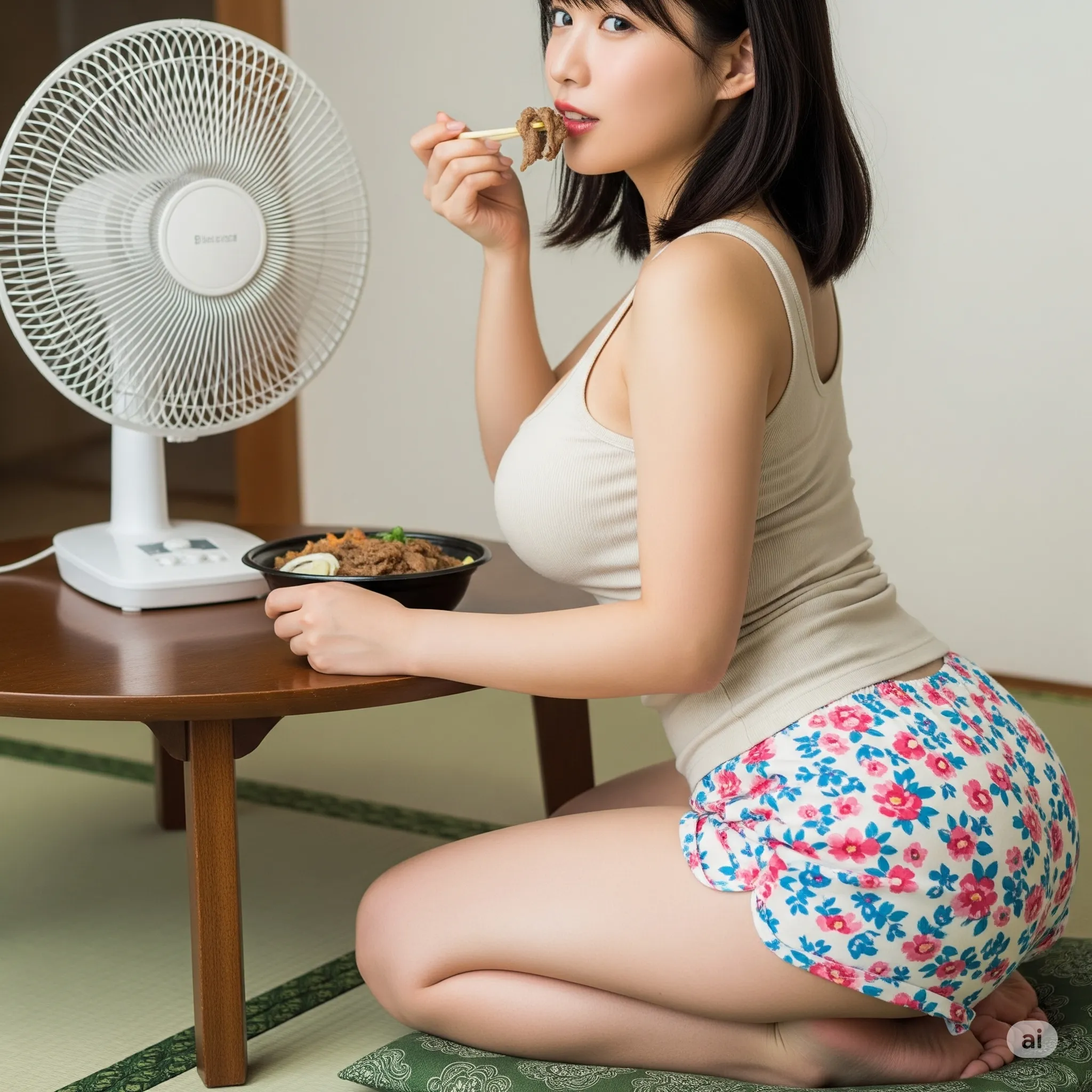 食事の合間に見せる、少し乱れた髪と湿り気を帯びた肌のフェチショット